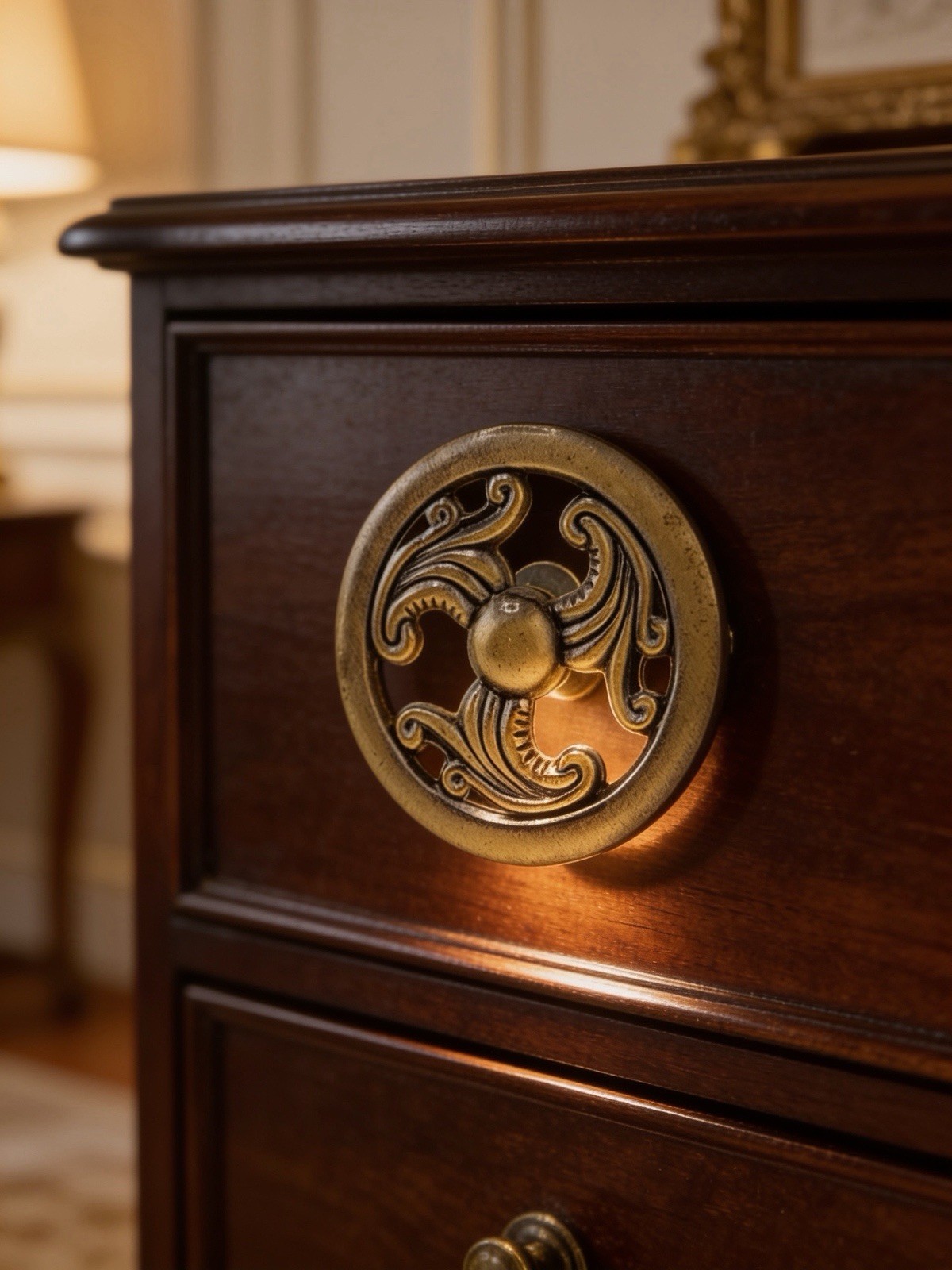 Vintage Antique Brass Tone Round Scroll Cabinet Drawer Knob Pull 1.5” Ornate
