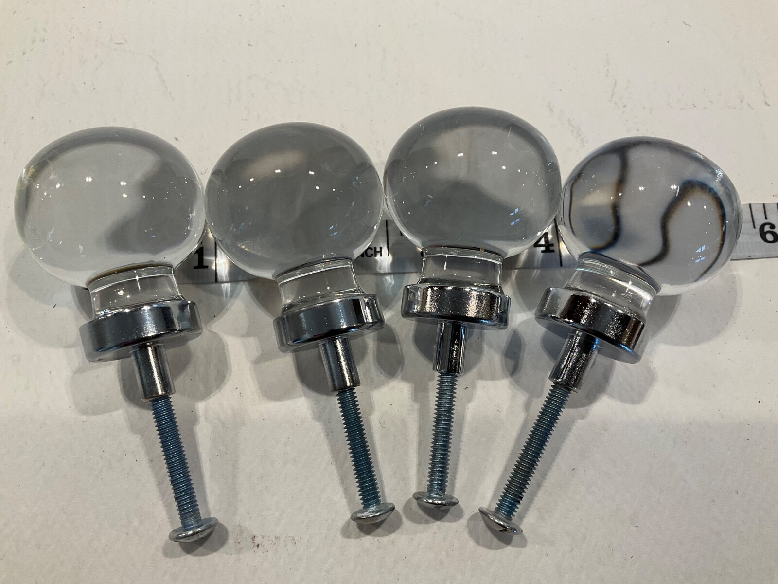 4 VTG Round Glass Ball Drawer Pulls / Cabinet Knobs w/Silver Collar Backplate
