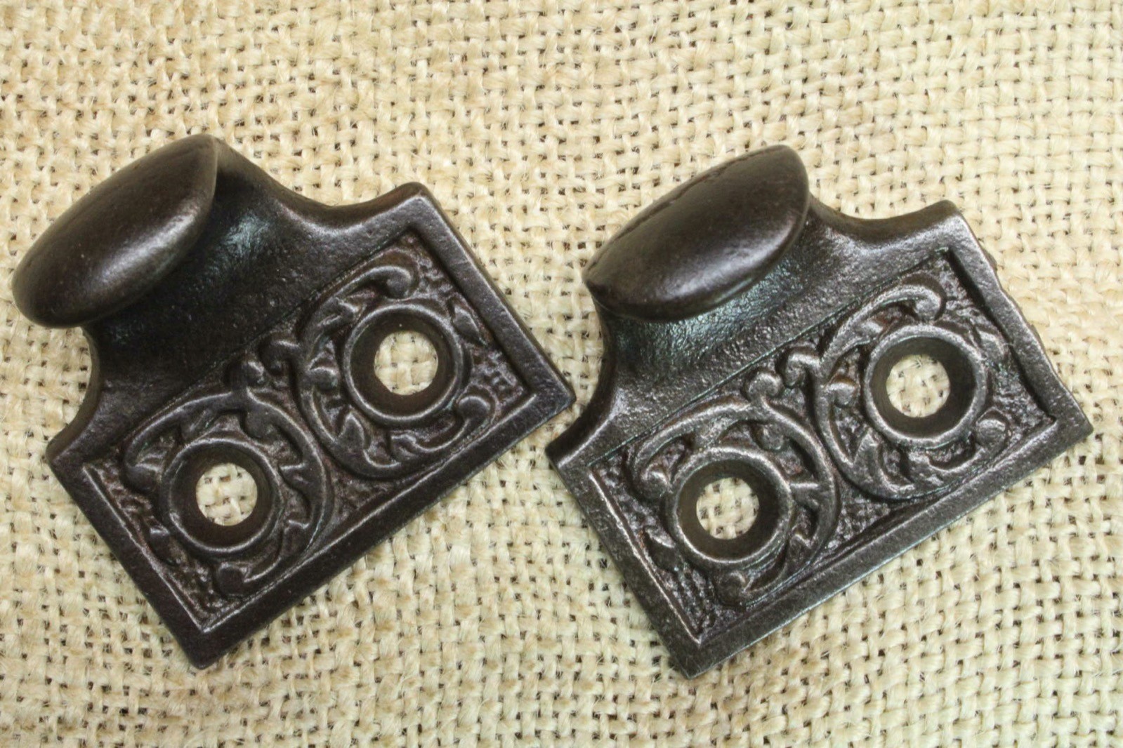 2 Old Window Sash Lifts Pulls Restored Cast Iron Ornate Victorian Ferns Scroll