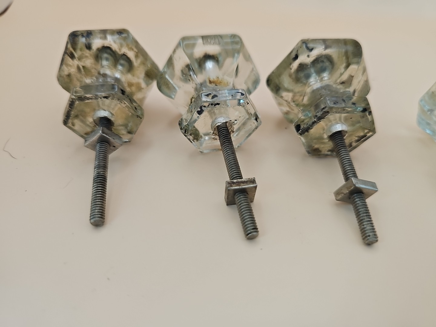 Vintage Six Side Hexagon Clear Glass Drawe Knob Cabinet Furniture Knobs Lot of 5