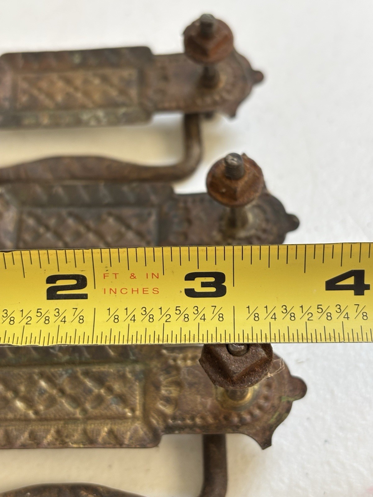 Antique Drop Bail Handles Drawer Dresser Ornate Brass Hardware 3”cc Set Of 3