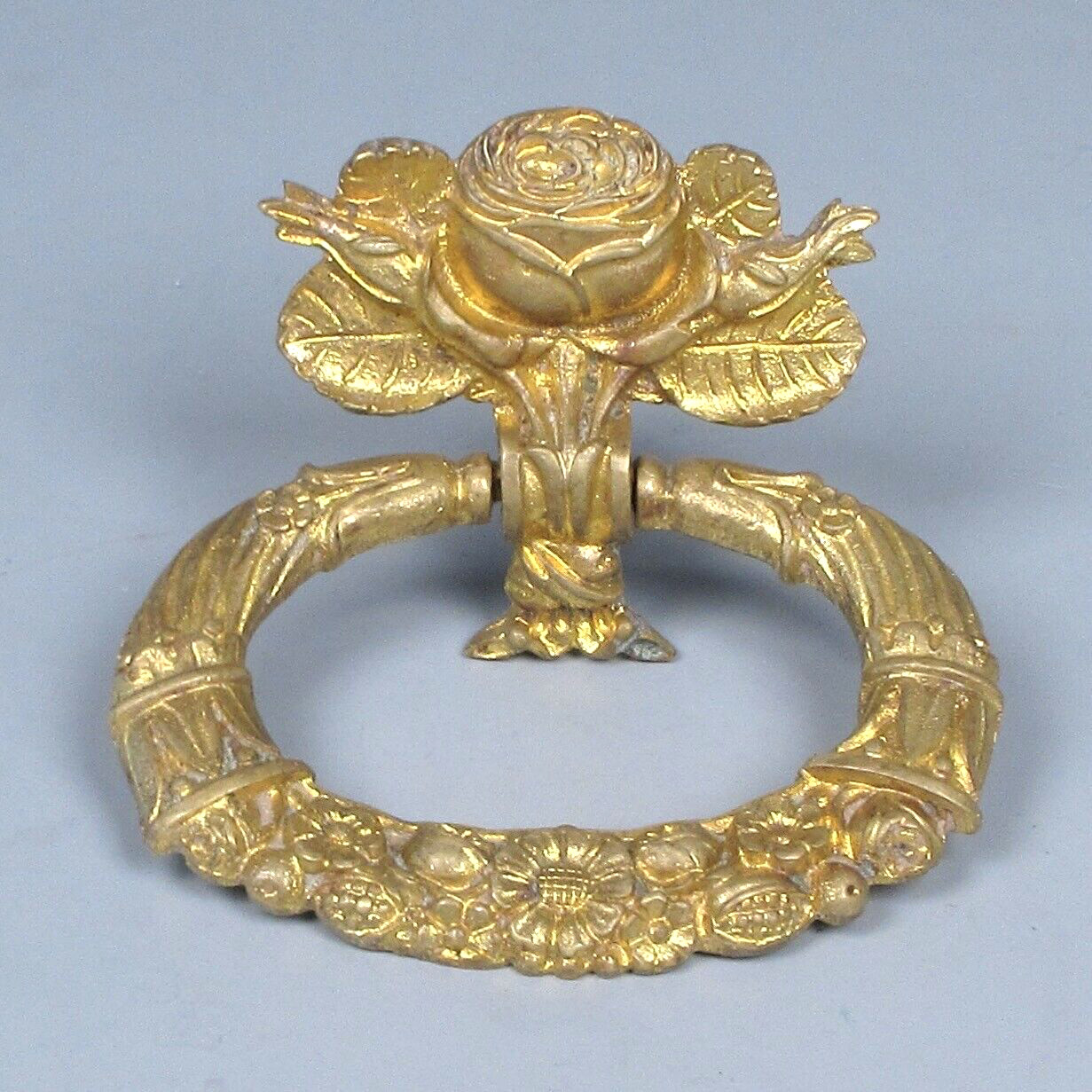 Antique French Gilded Bronze Drawer Pull, Flowers, Roses, Cornucopia