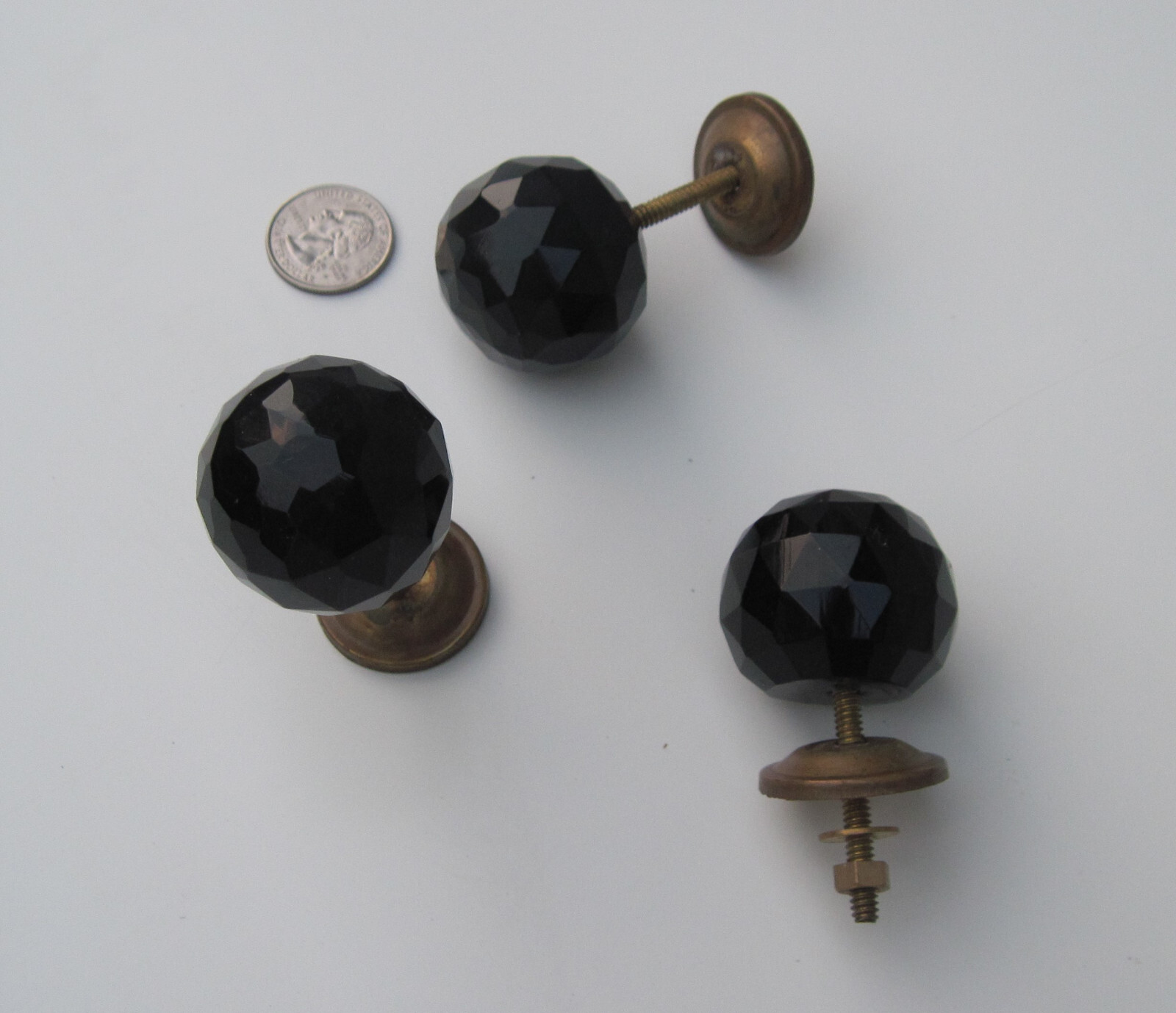 Vintage Set of 3 Knobs Black Glass Faceted Drawer Ball Round Brass 1 1/2″Dia