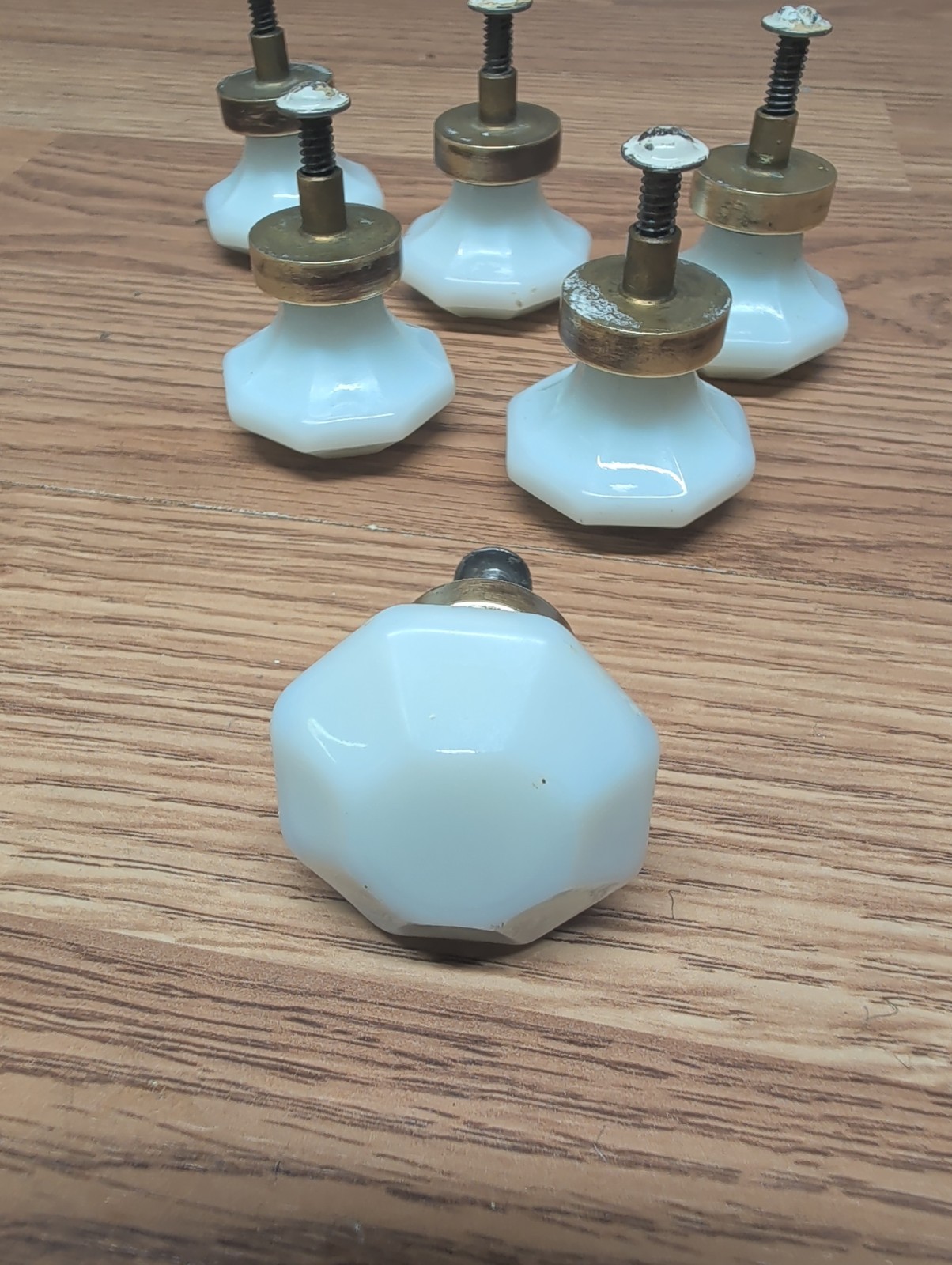 Vintage Dental Medical Cabinet Milk Glass Drawer Knob Pulls Hex Shape W/Hardware