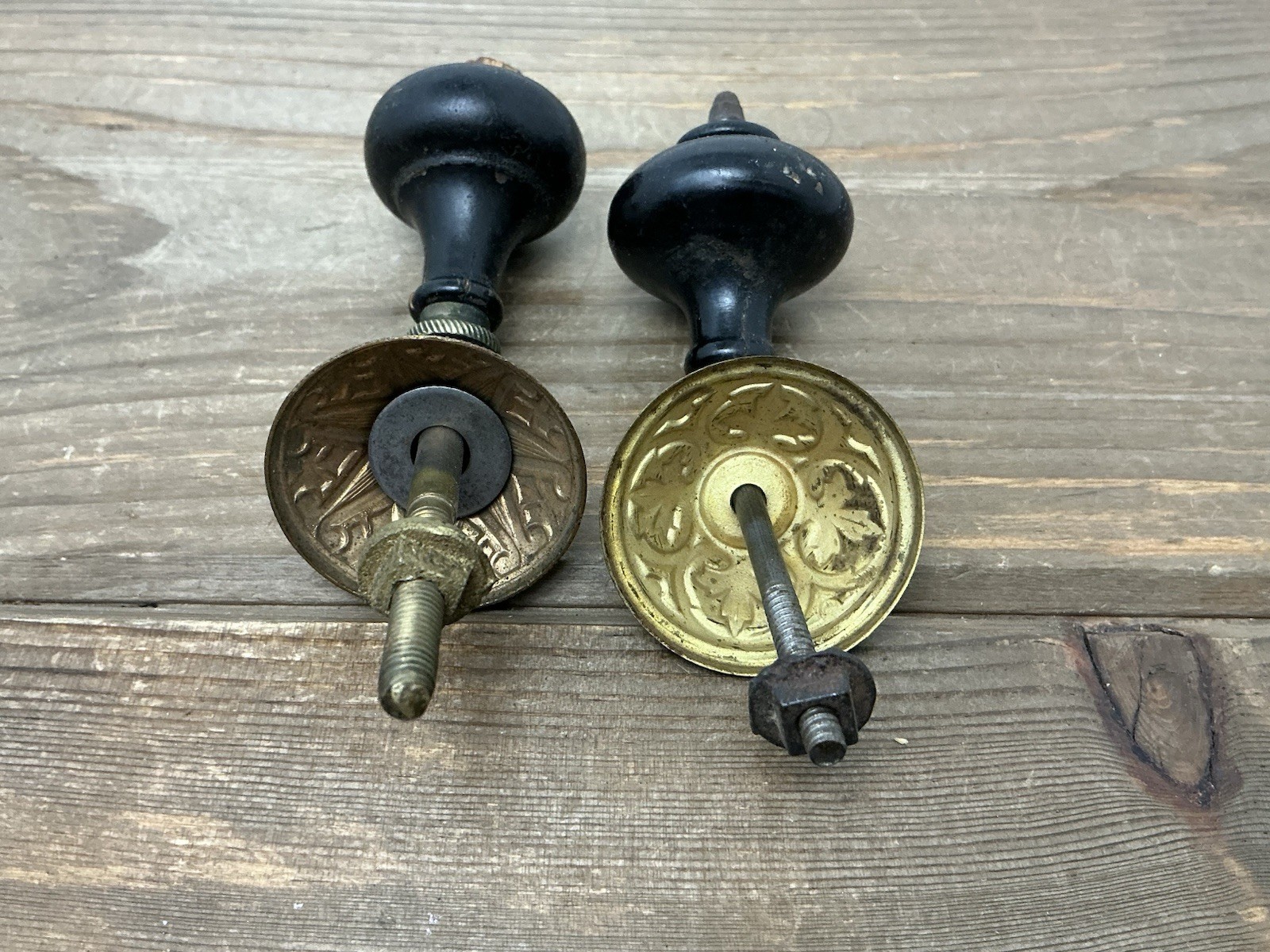 2 Antique Drop Drawer Pulls, Parts Brass Black Wood Teardrop Victorian/Edwardian