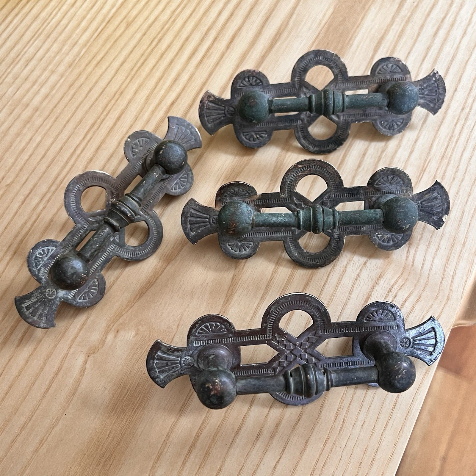Set of 4 Antique Eastlake / Spanish Revival Drop Drawer Pulls Aesthetic Movement