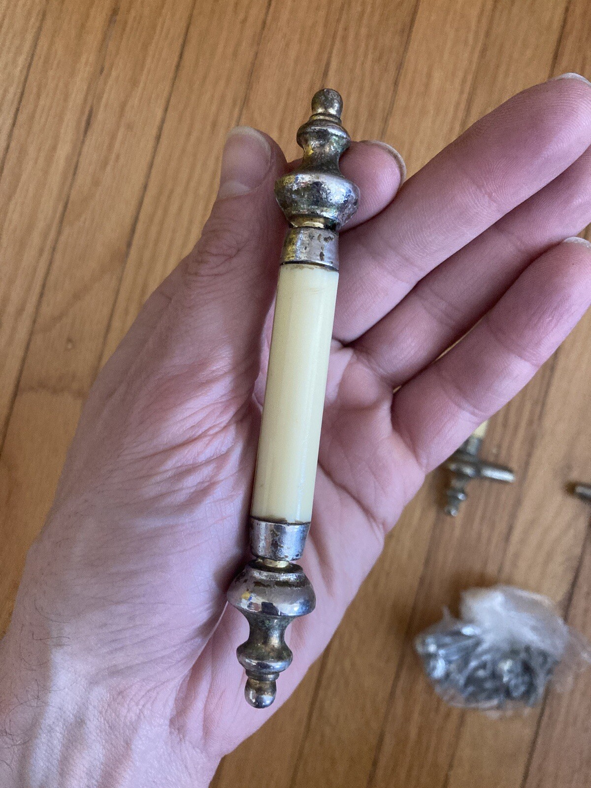 6 Matching Vintage ivory Bakelite & Solid Brass Drawer Handles ~ Pulls