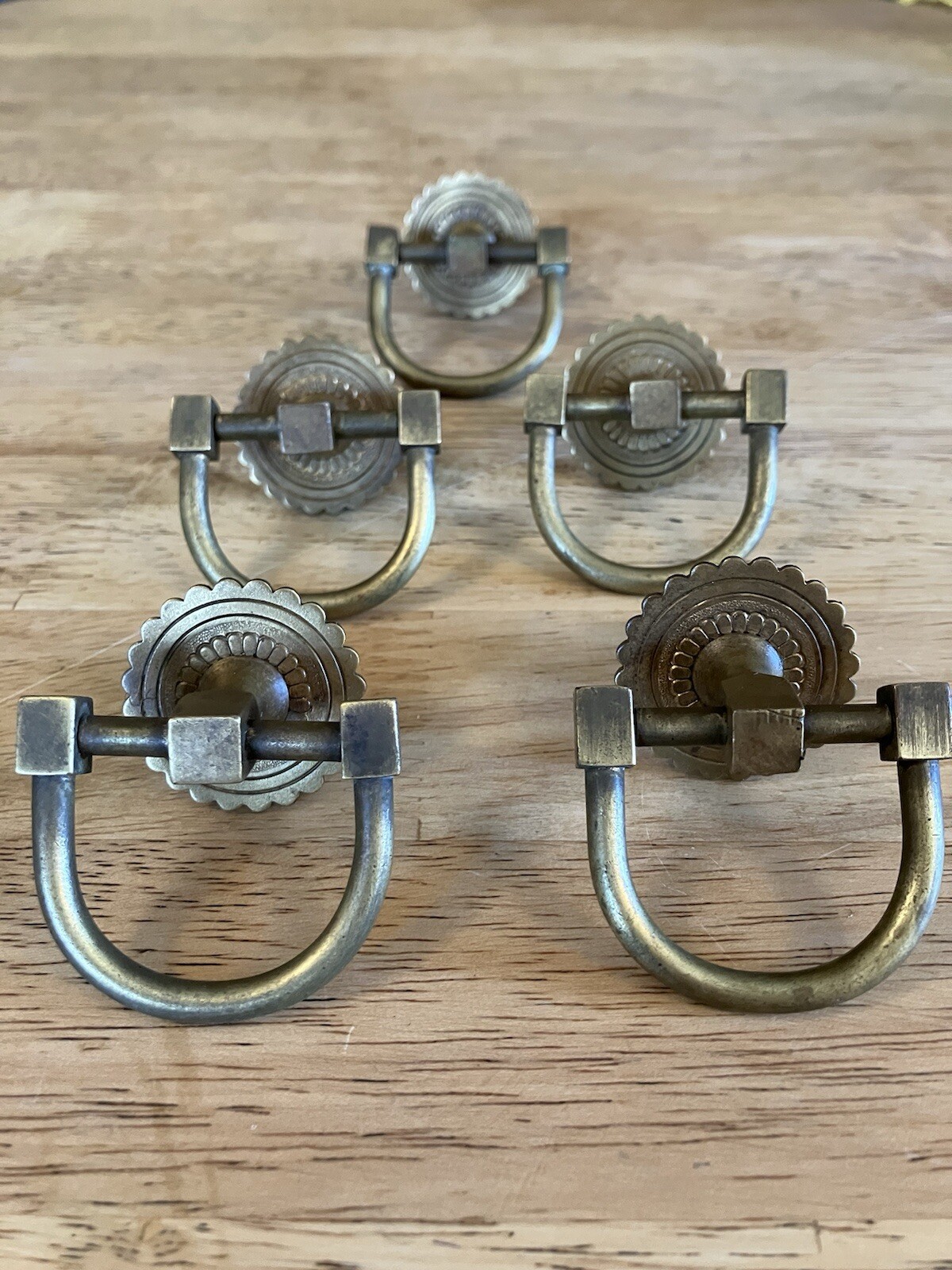 5 Antique Victorian Solid Brass Medallion Drop D-Ring Drawer Cabinet Pull Knobs
