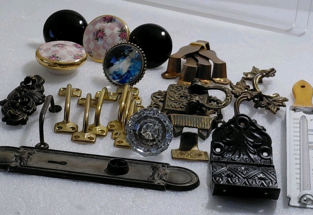 Old Country Shed Junk Drawer Lot Of Vtg Draw Pulls,Hinges,Enamelled Thermometer