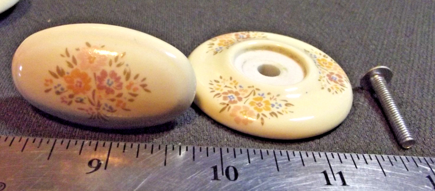 5 VTG Round Porcelain Drawer Pulls / Knob with BACK Plates FLORAL Design Japan