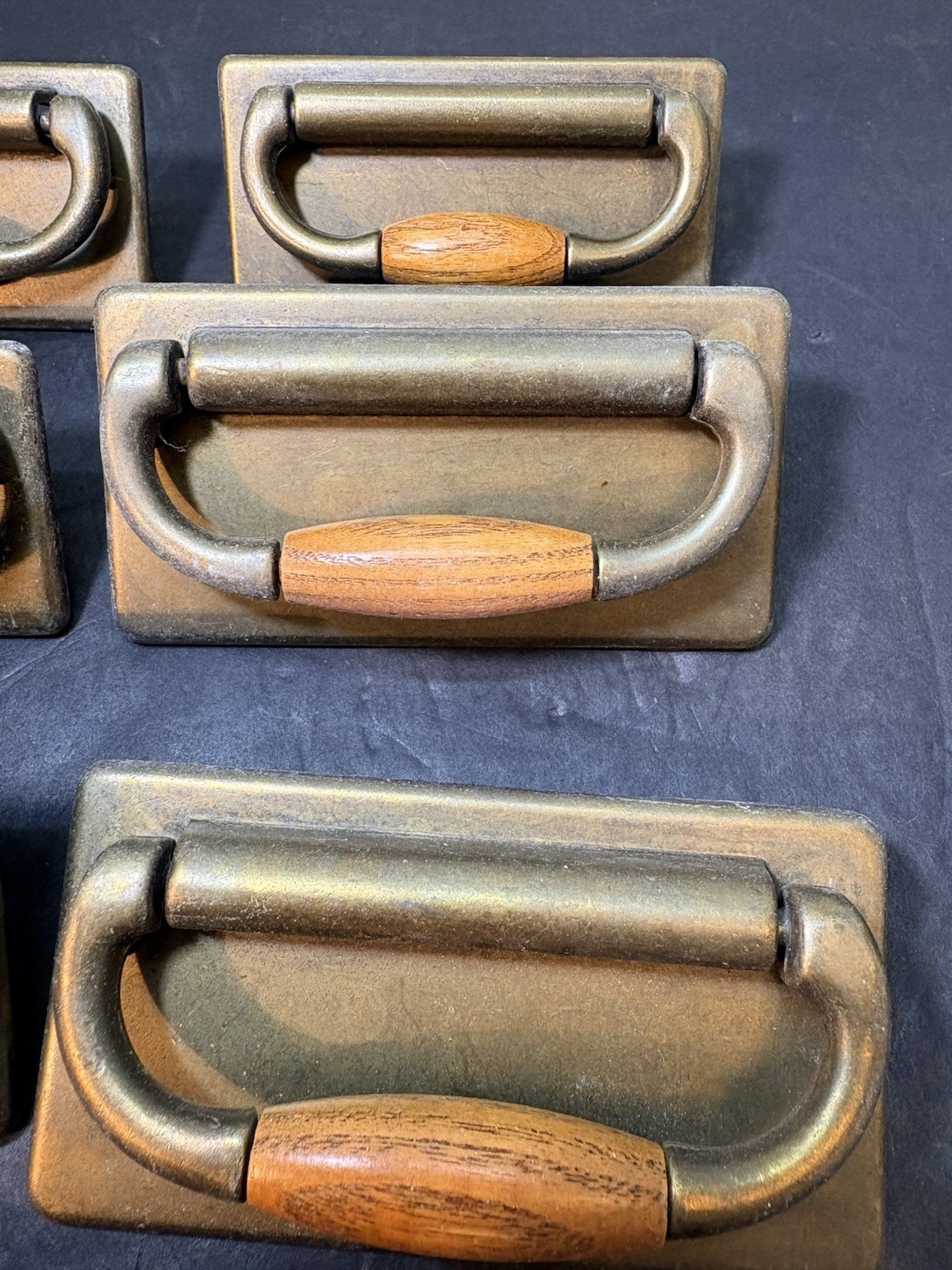 Vintage Bronze Tone Metal & Wood Drawer Pull Set Of 7 – 1997