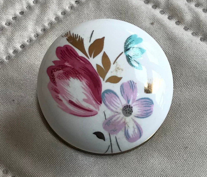 Floral White Porcelain Drawer Pull and Back Plate New Old Stock