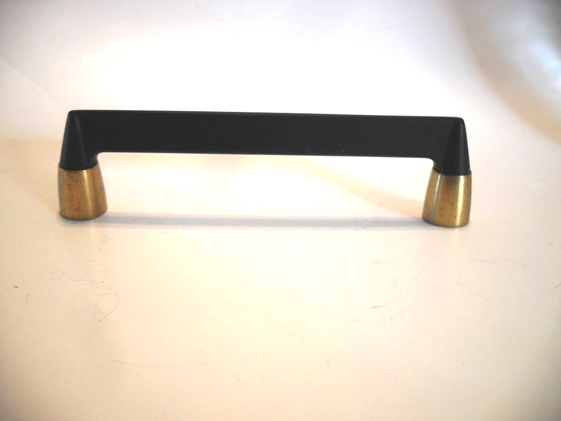 Vintage Nos Ebony Satin Black Drawer Pull w Brass Trim Bases Cabinet Door Handle