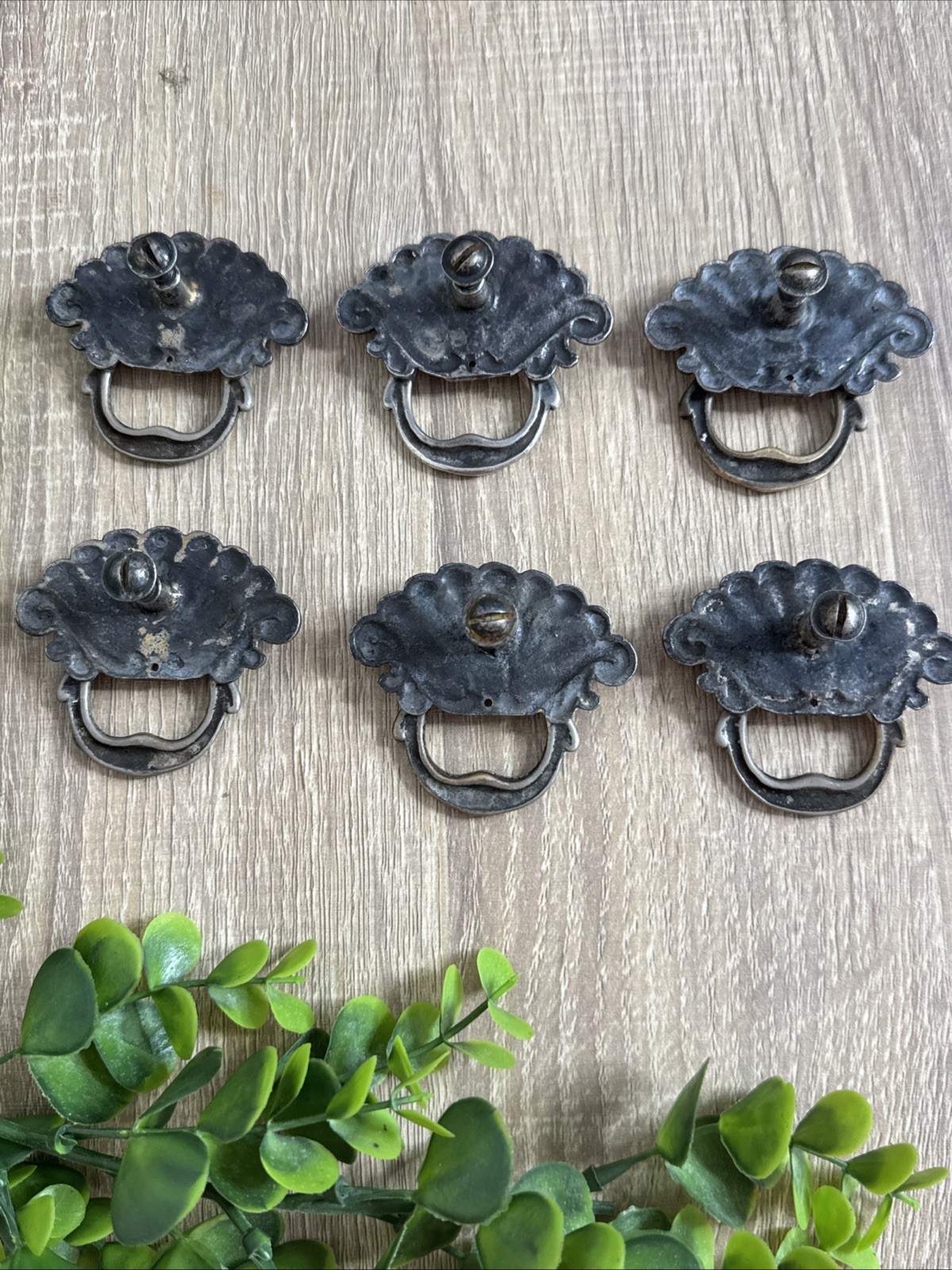 (6) Nickel / Brass Antique Hardware Drawer Pull Victorian Brass Drop Ring Set