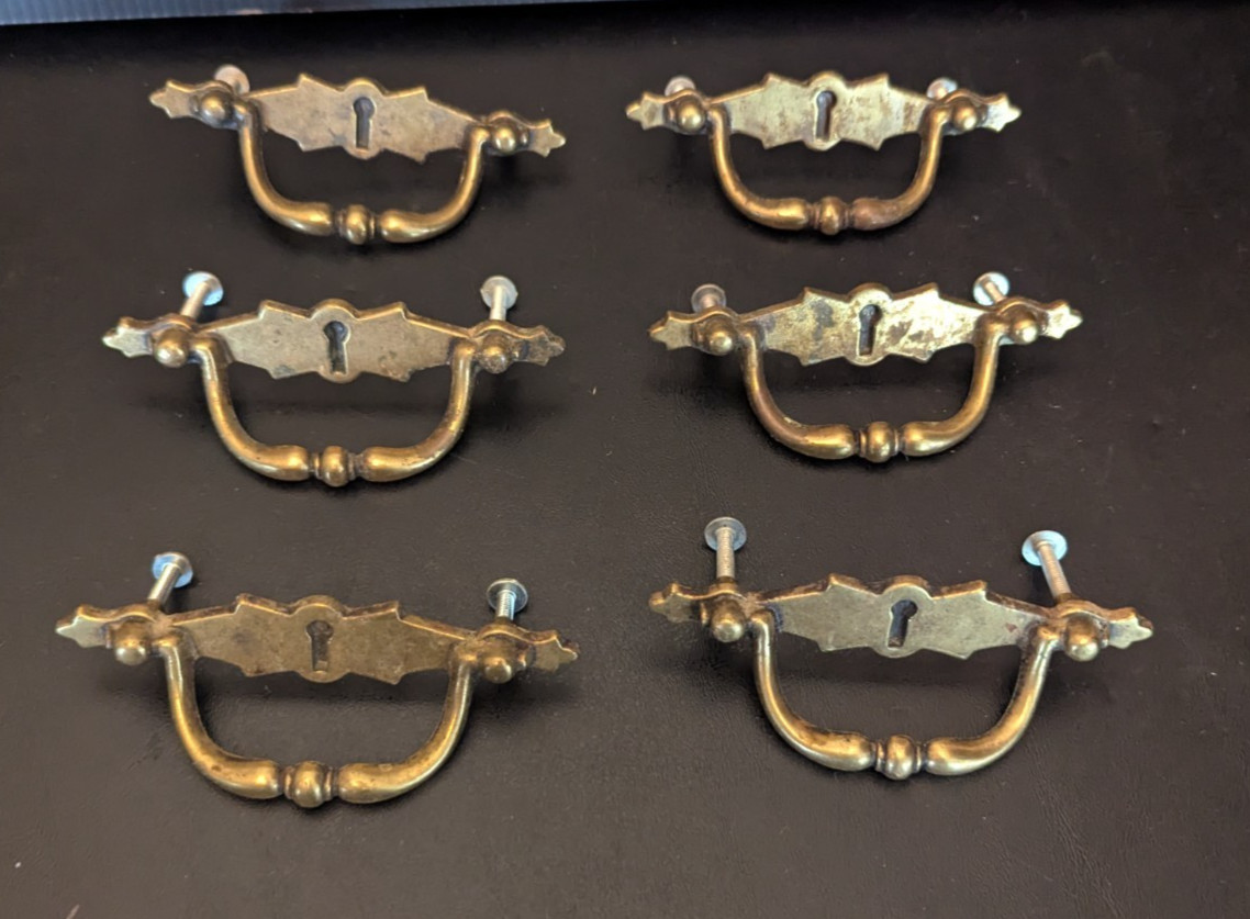 6 – Amerock 314 Drawer 1950 Pull Handle Dark Brass Keyhole 3″ Centers Vintage