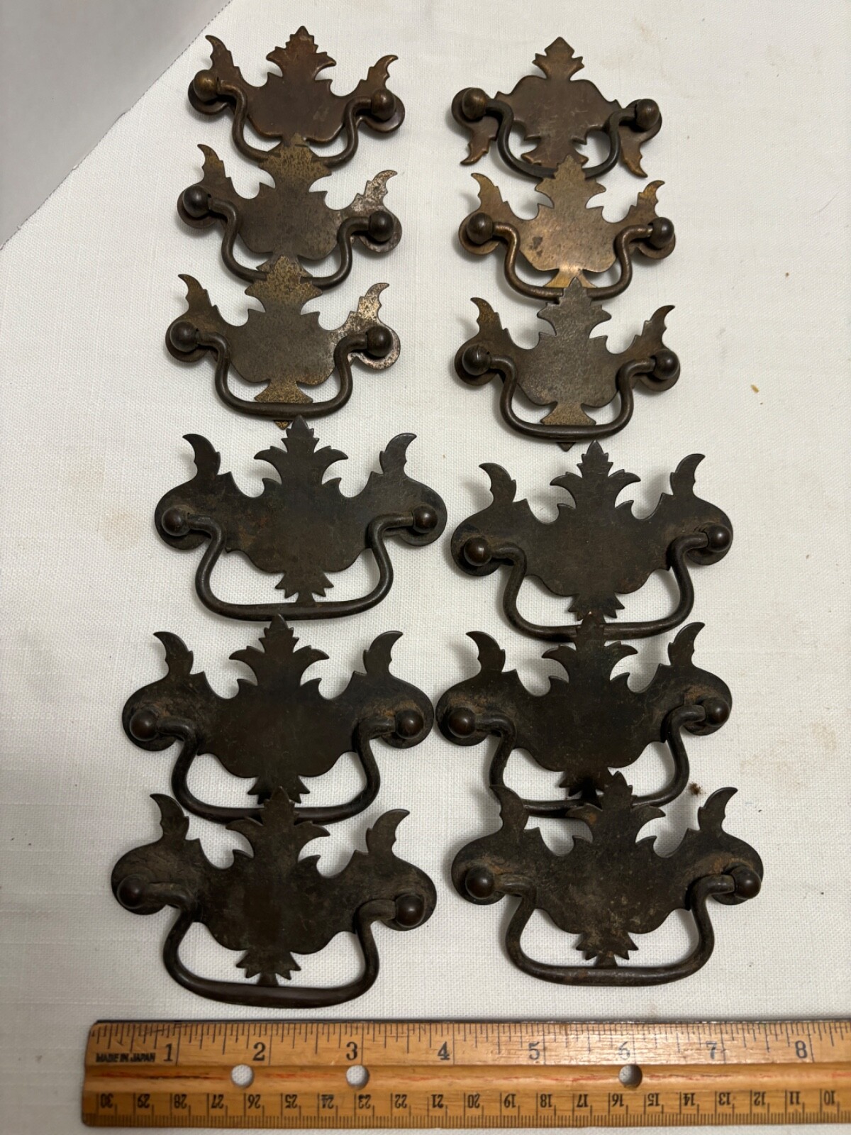 12 Chippendale Batwing Vintage Stamped Metal Drawer Pulls w Bails 2 Sizes