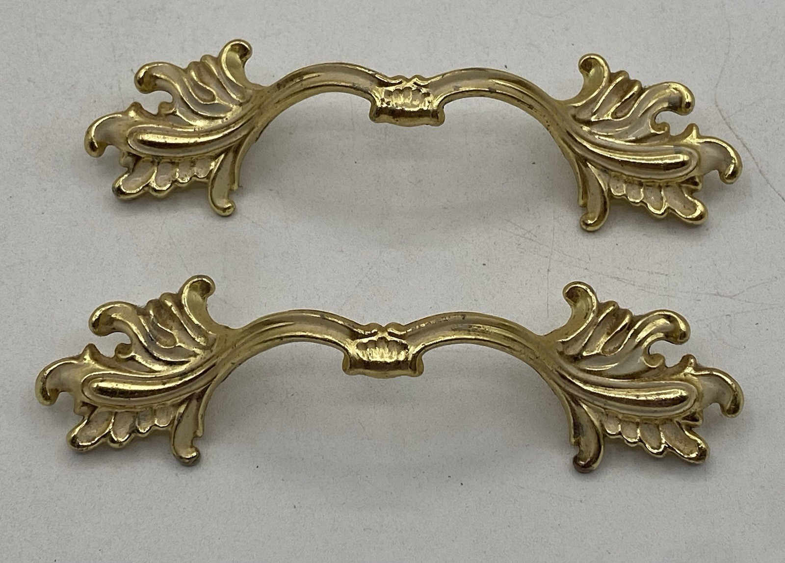 PAIR Vintage MCM Ajax Drawer Pulls Handles Scroll White Gold Ornate Hardware 990