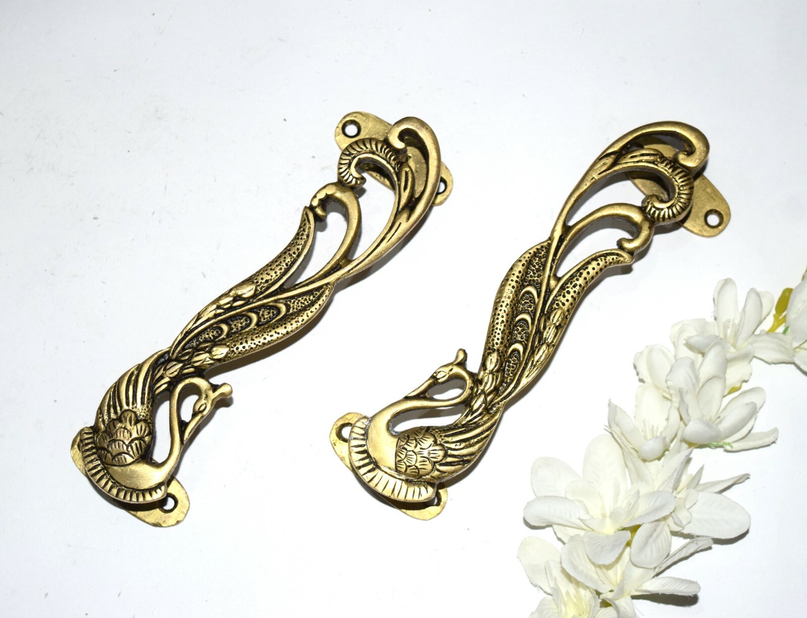 Brass Peacock Door Handle Pair 7” Inches Turkey Bird Design Almirah Pull EK560