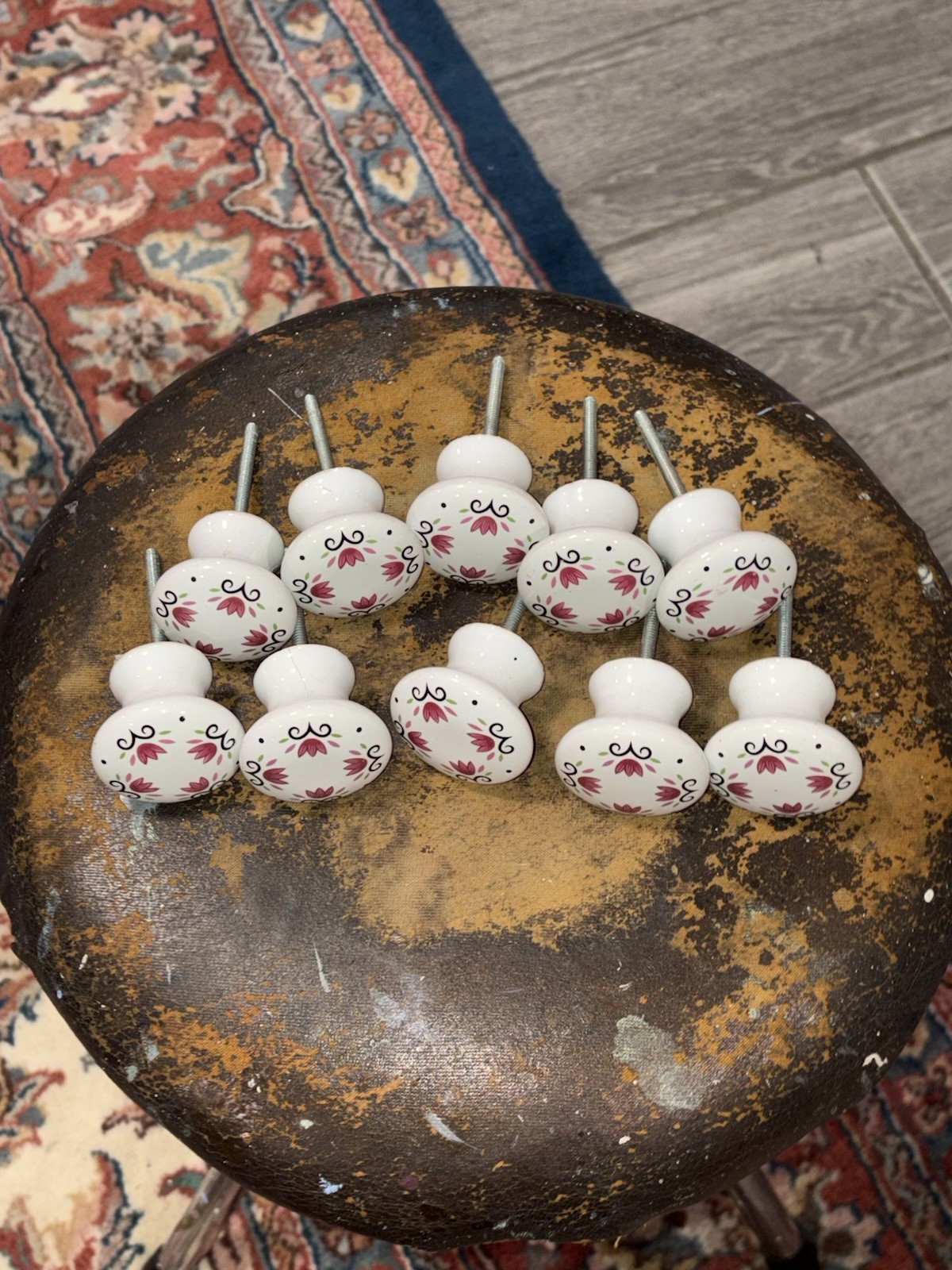 Vintage 1.5” Porcelain White Floral Painted Drawer Pulls Cabinet Knobs Lot Of 10