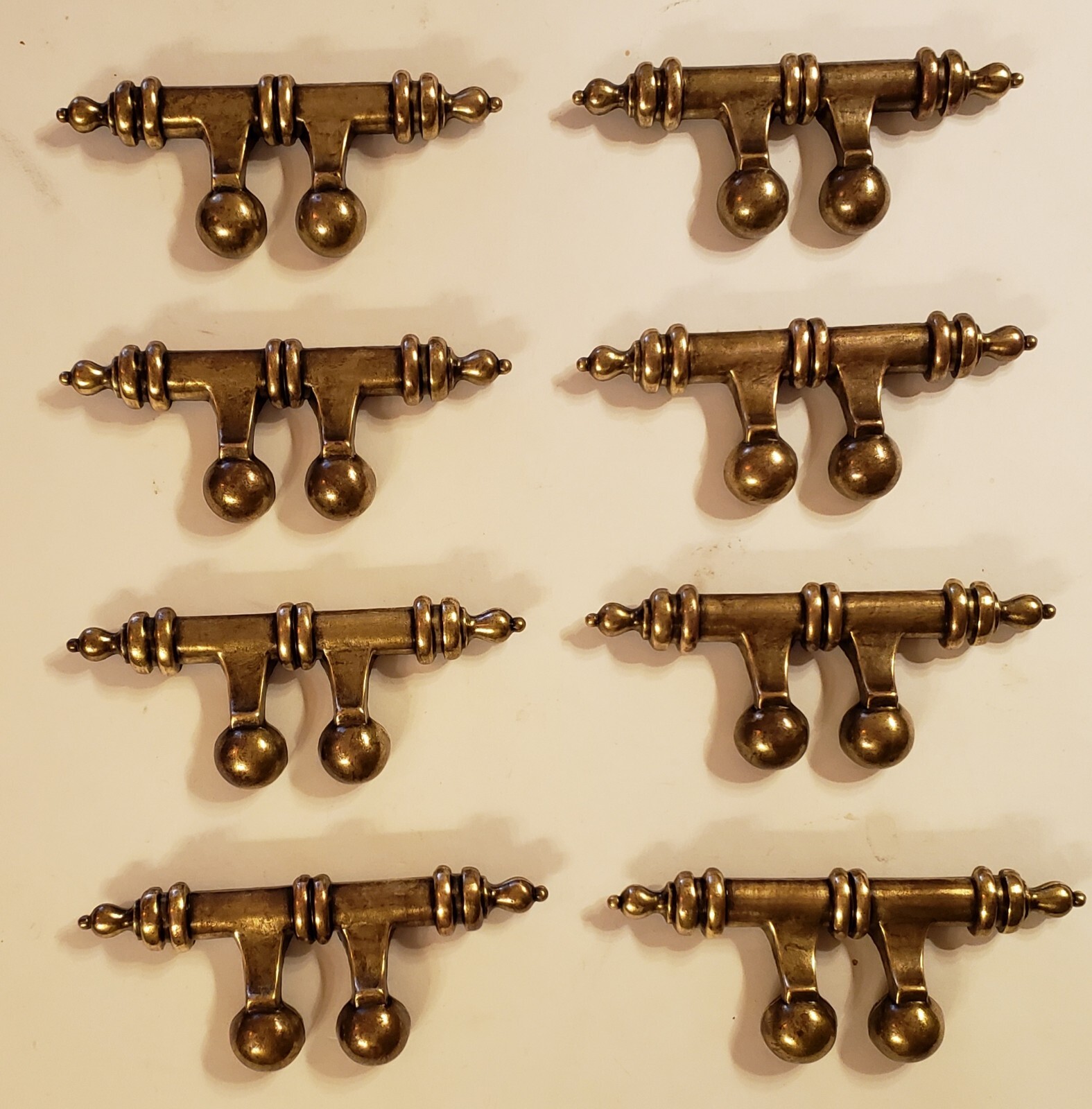 8 VTG Belwith Spindle Brass Drawer Pulls w/ Finger Cups 4″ Post Mounts 6″Long