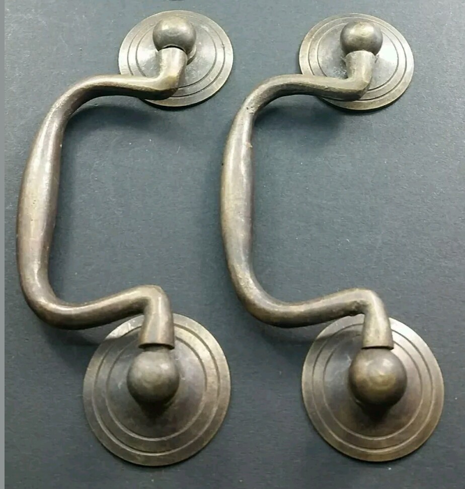 2 Antique Brass Swan Neck Bails Cabinet Drawer Pull handles approx. 3″ cntr #H39