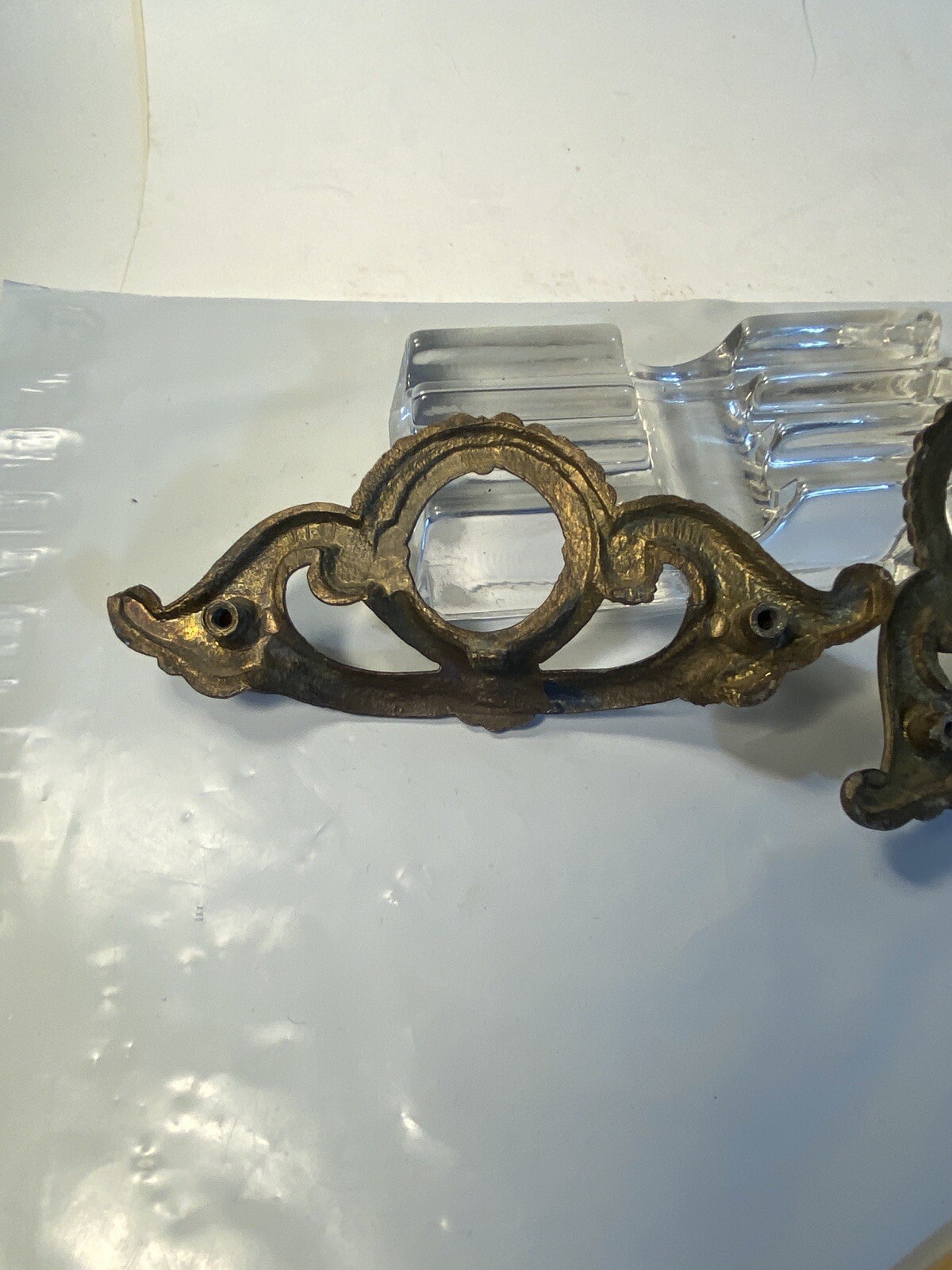 Antique Pair French Provincial Handles Solid Brass 6” Wide 4” Between Screw