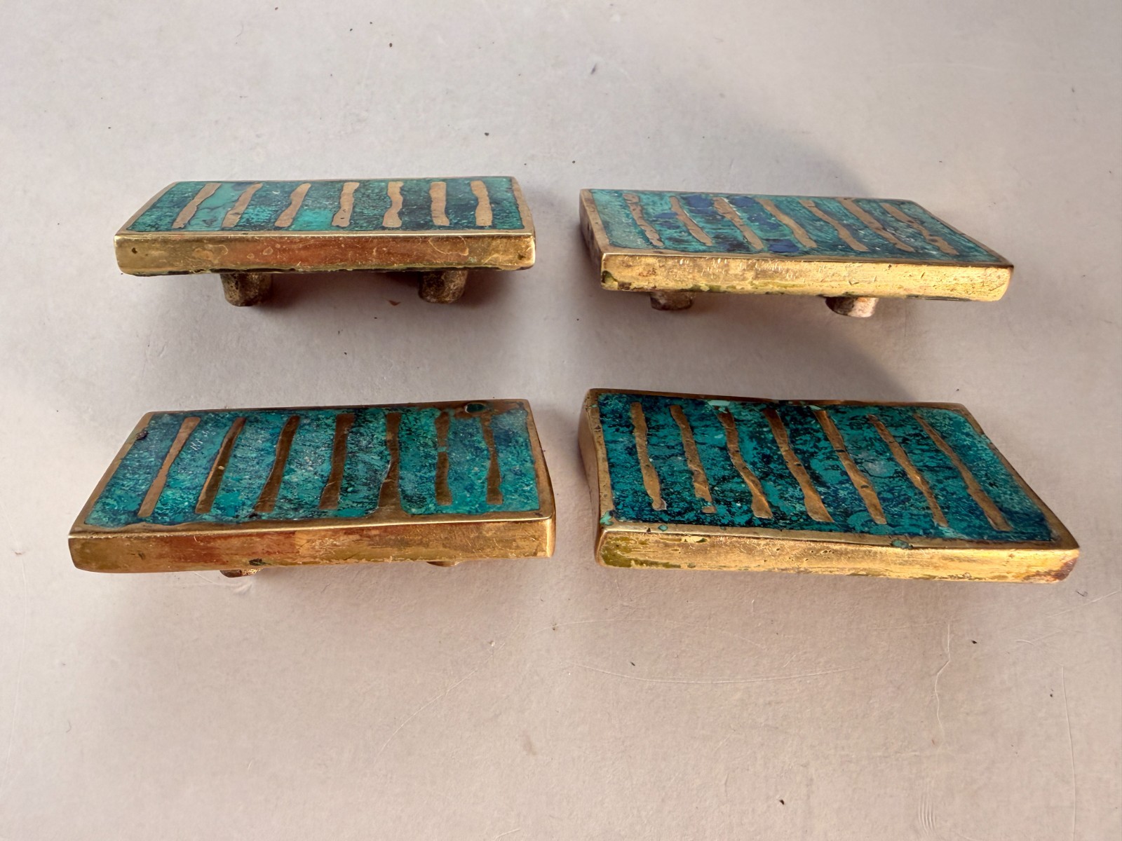 VINTAGE PEPE MENDOZA MID CENTURY MODERN 1958 4 DRAWER PULLS -MALACHITE AND BRASS