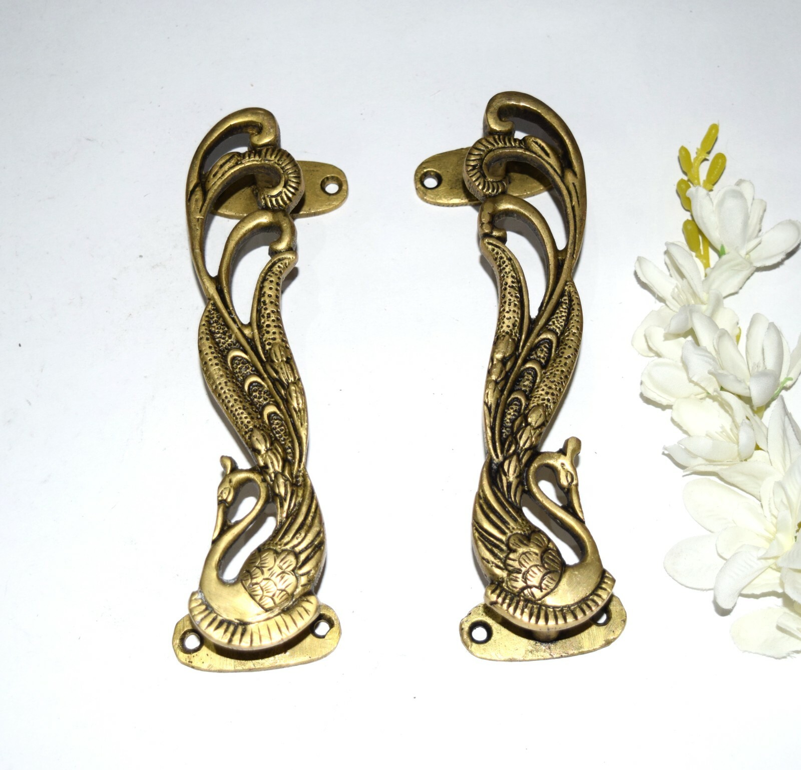 Brass Peacock Door Handle Pair 7” Inches Turkey Bird Design Almirah Pull EK560