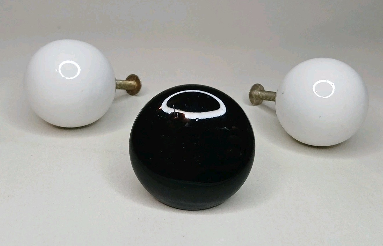 Vintage Round White & Black Porcelain Cabinet Drawer Pulls Lot Of 3 Knobs