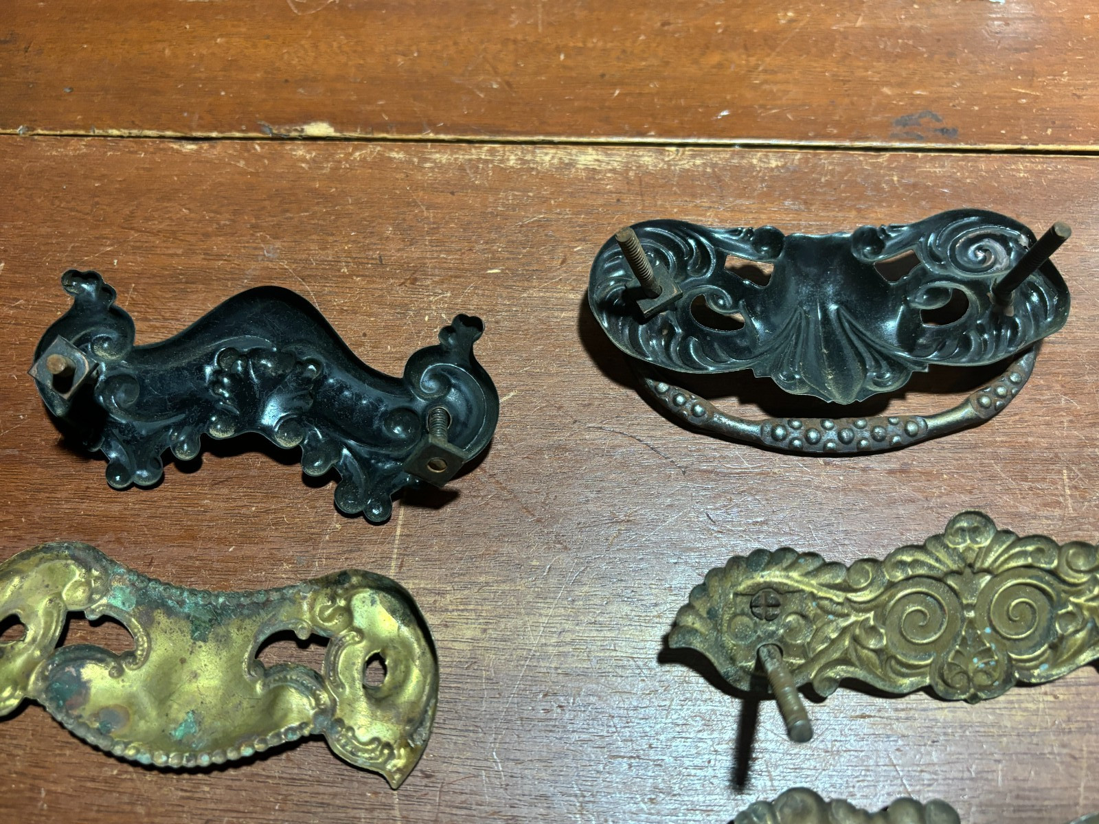 Lot of 9 Mixed Ornate Vintage Pressed Metal Drawer Backplates one with Pull