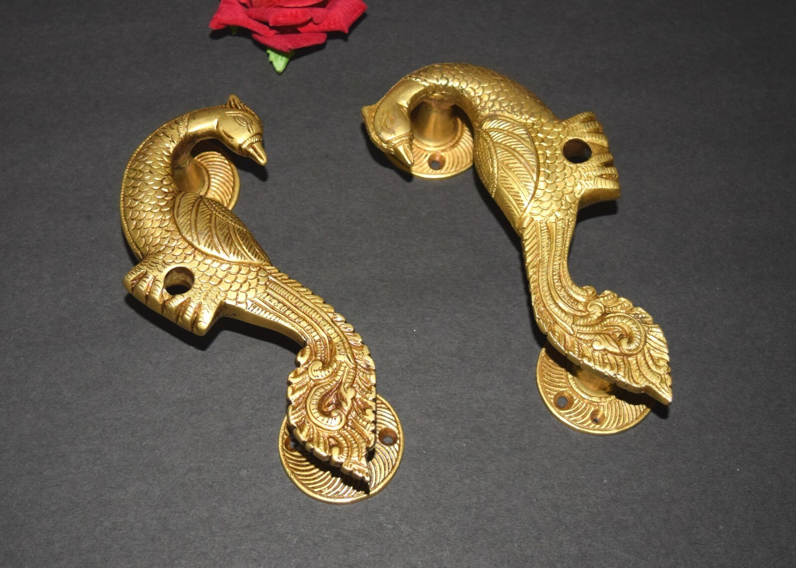 Magnificent Brass Bird Handle Peacock Engraved Ethnic Room Door Puller Set HK208