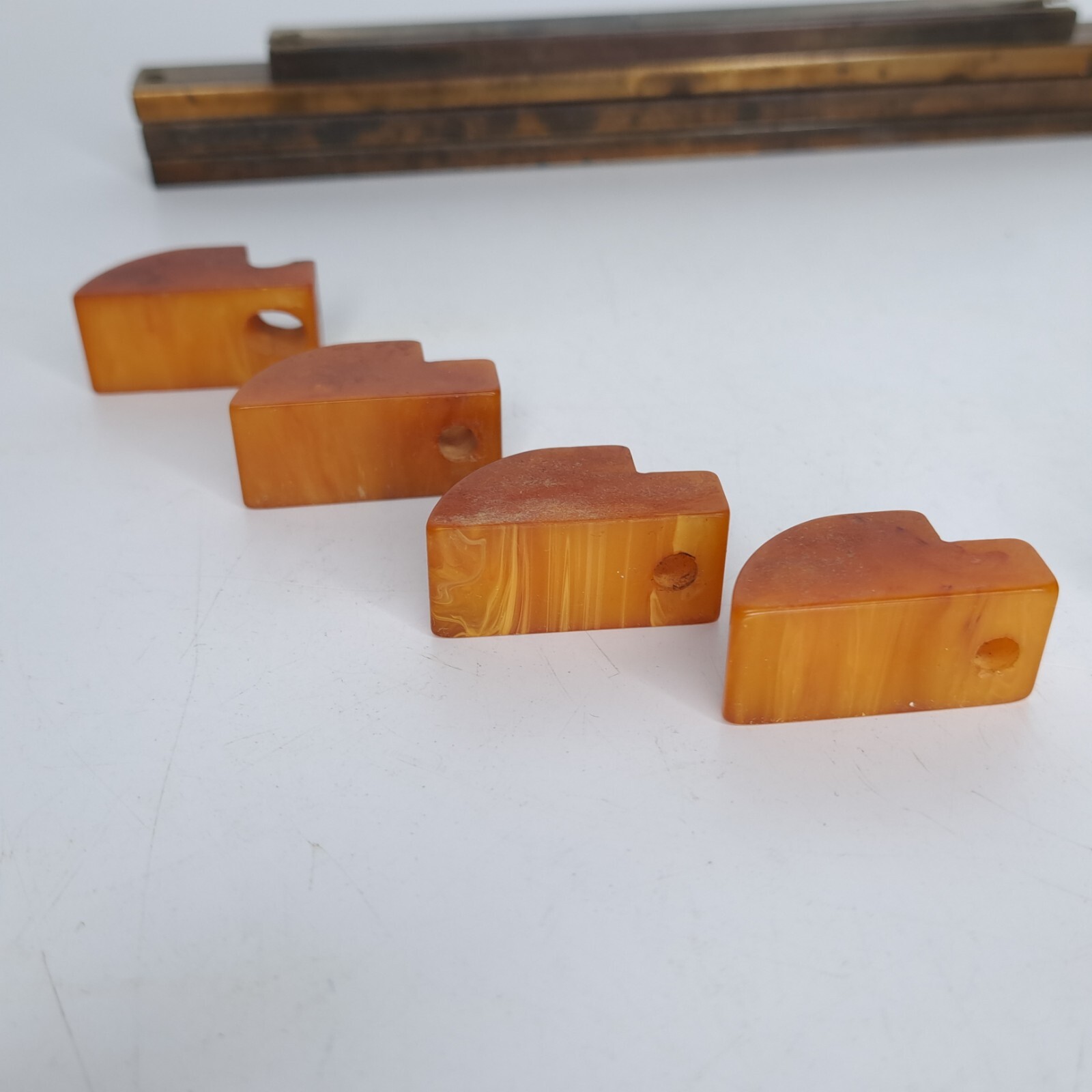 4 Antique ART DECO Butterscotch Bakelite Brass Plated Bar Drawer Pulls Reclaimed