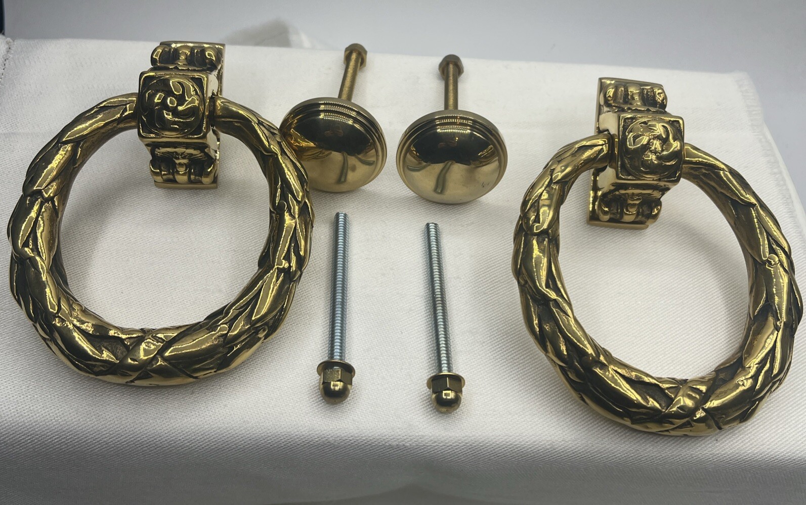 Brass French Victorian Knocker Drop Ring 4” Diameter Drawer pull Knob Set Of 2