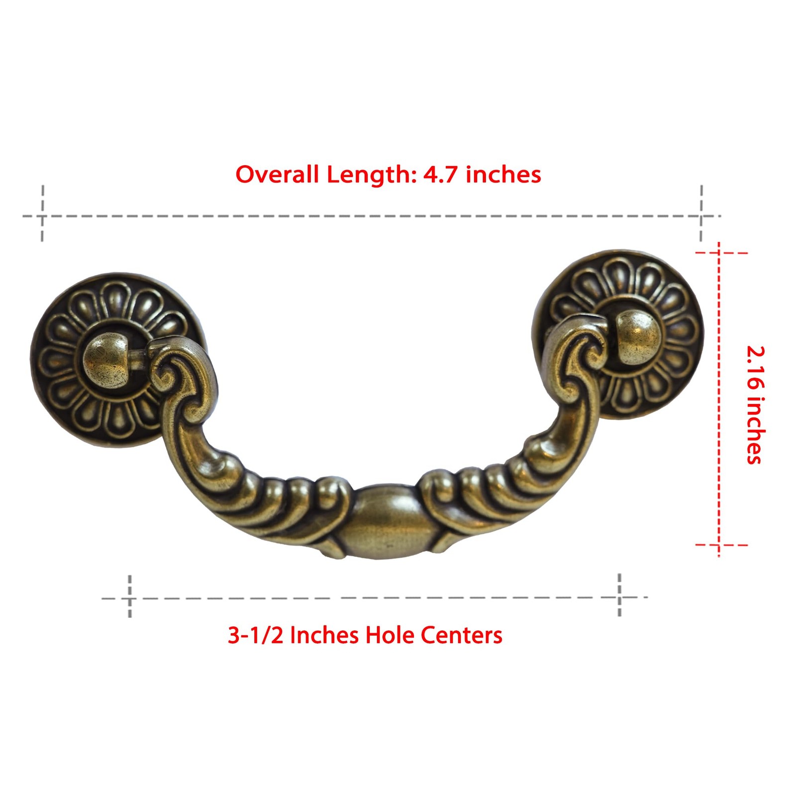 6 Pack Vintage Drop Bail Pulls, 3-1/2 Inch Hole Centers (90mm), Antique Brass Ca
