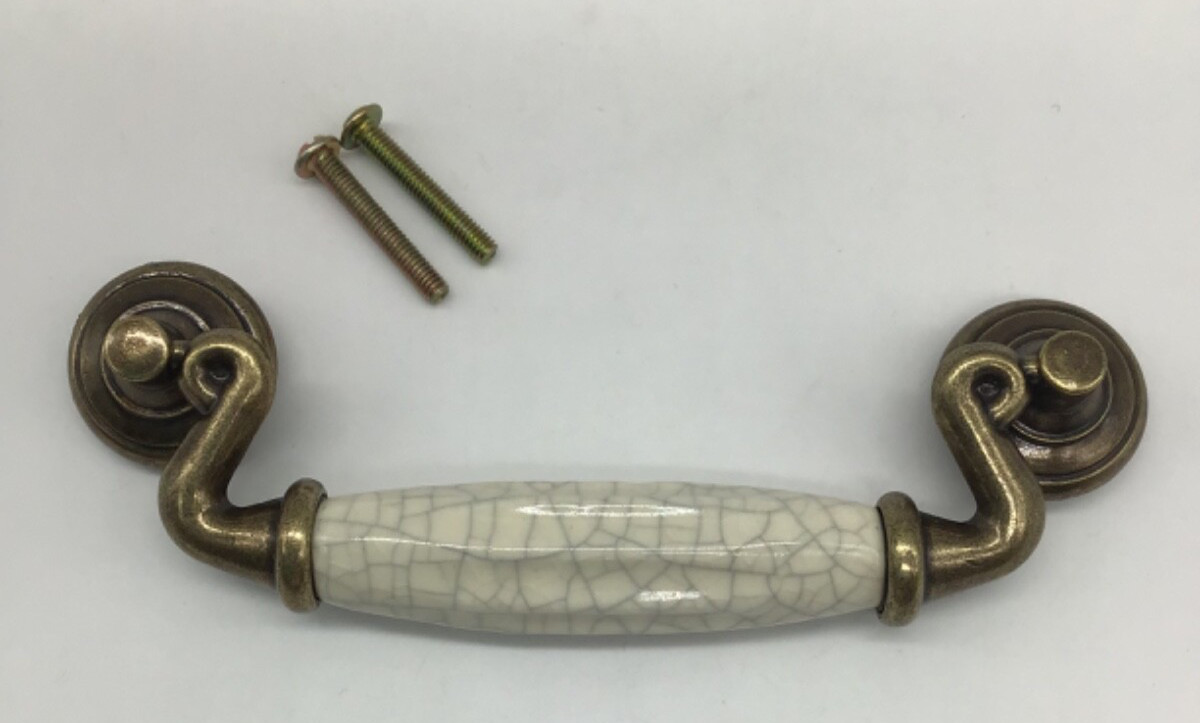 Antique Brass Hardware With Beige Ceramic Crazing Drop Bail Drawer Pull New