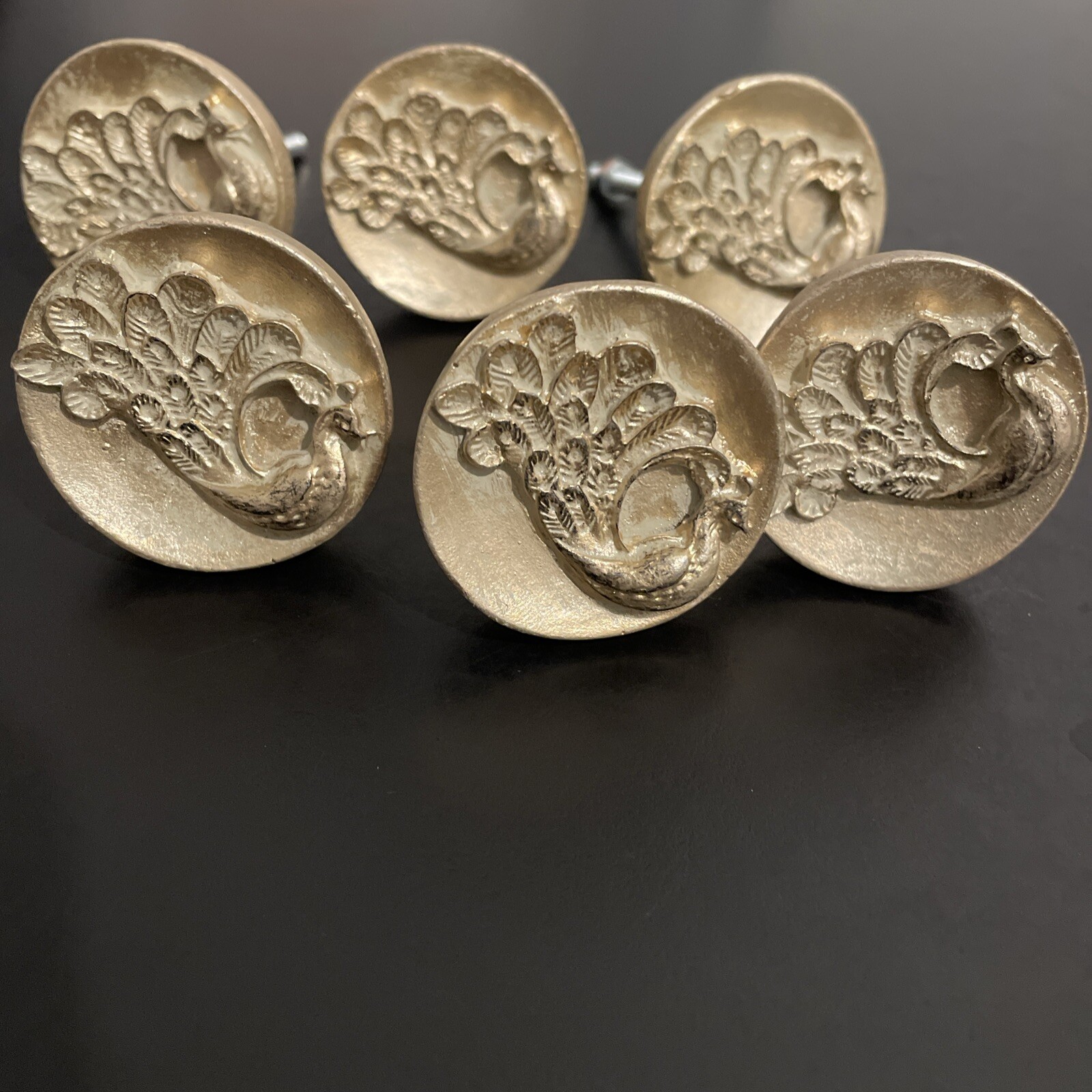 (6) Antique Wood Carved Peacock Knobs/Drawer Pulls/Hardware Gold Guild MCM