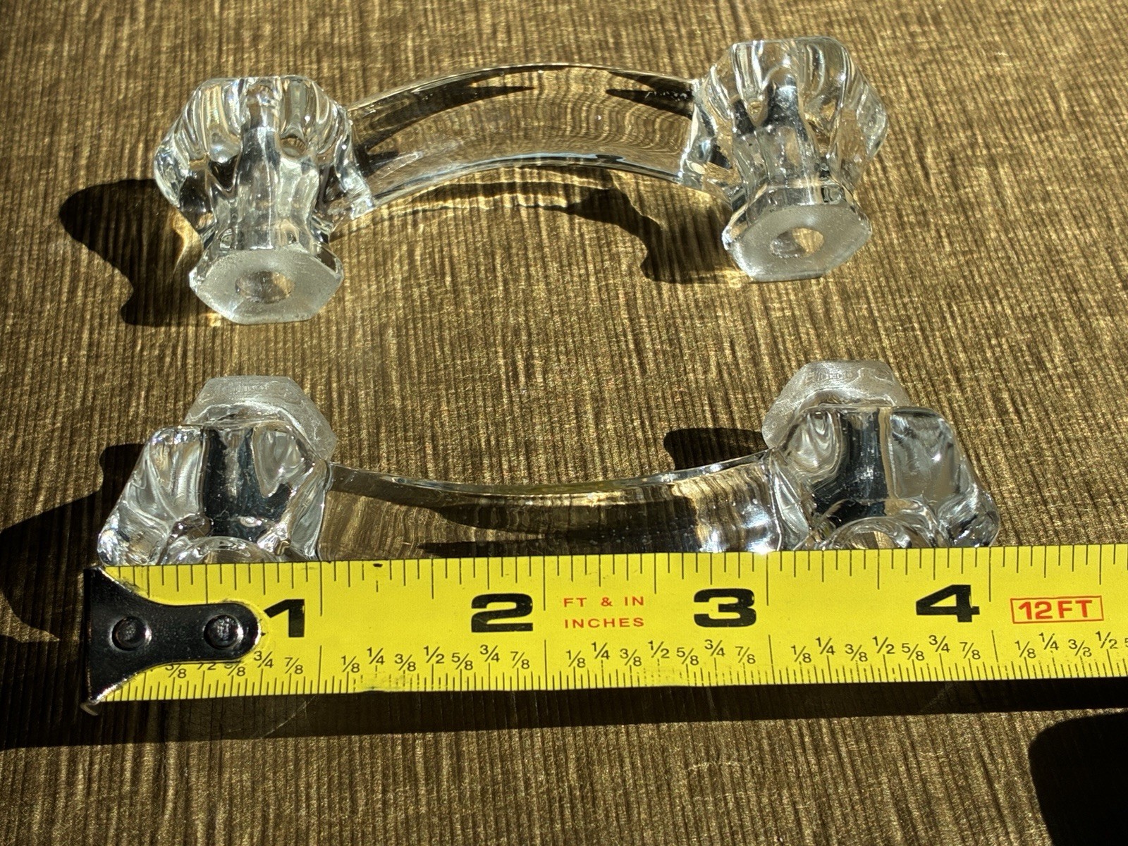 Pair of 2 Antique Clear Glass 4 in. Hexagon Bridge Drawer Pulls from 1940s House