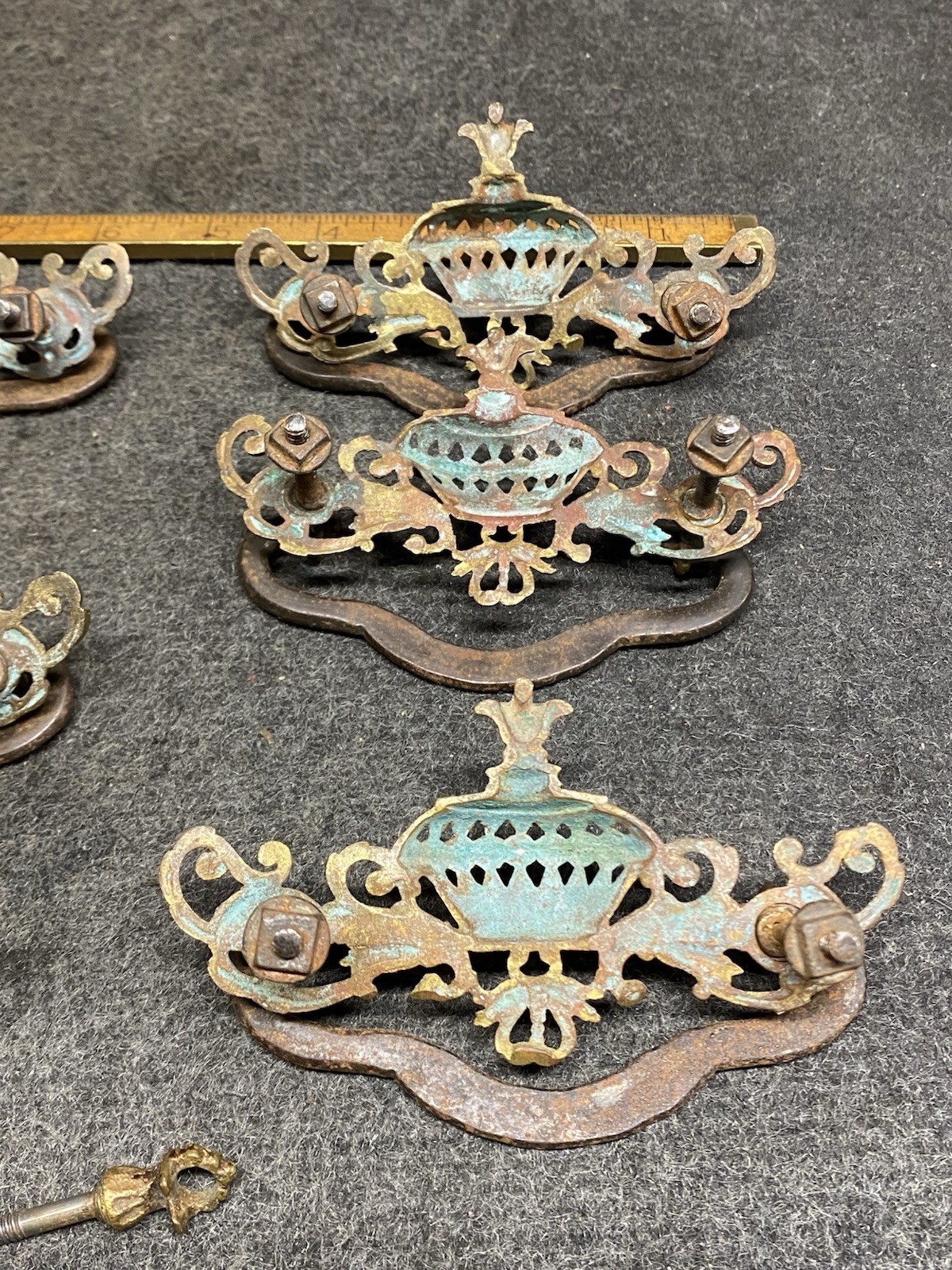 6 Antique Brass And Cast Iron Victorian Style Drawer Pulls 3” Bolt Pattern