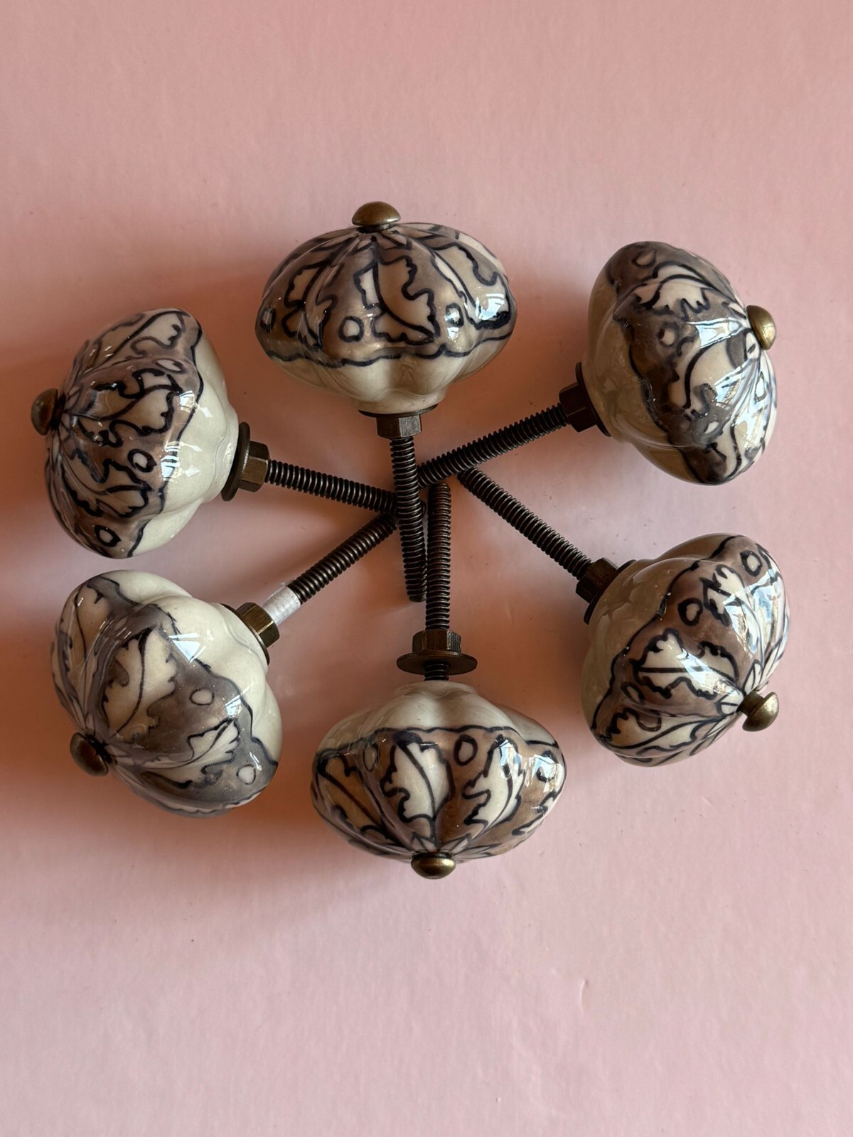 Set 6 Antique Style Ceramic Hand Decorated Bronze Tone Drawer Pulls Knobs Flower