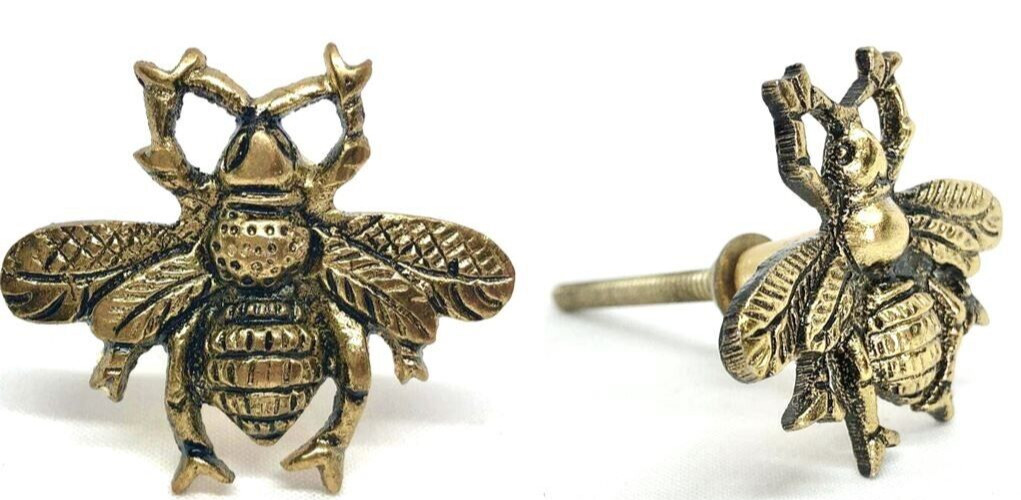 4; Antique-Gold Metal Drawer Pulls Handles Bee Vintage-Brass Cabinet Door Knobs