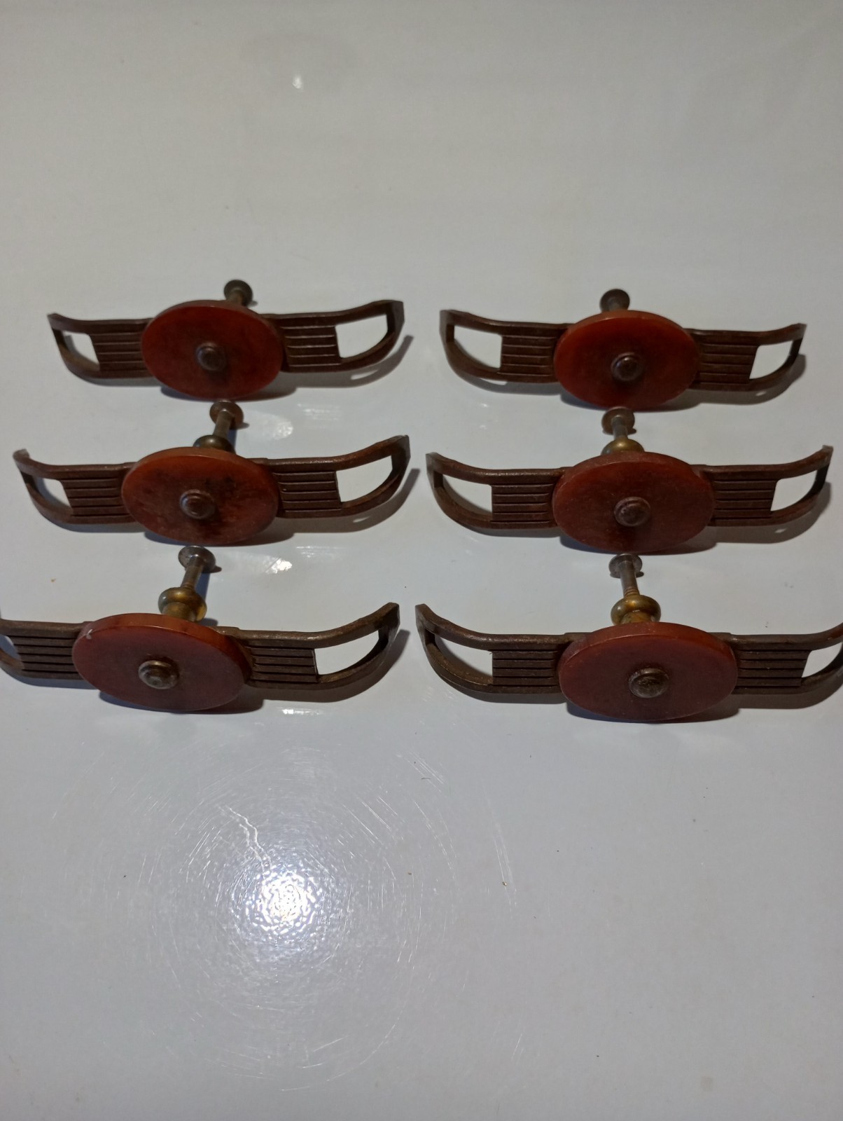 Vtg. Drawer Pulls, Brass, Bakelite, Art Deco, 4″ x 3/4″, set of 6 Rare