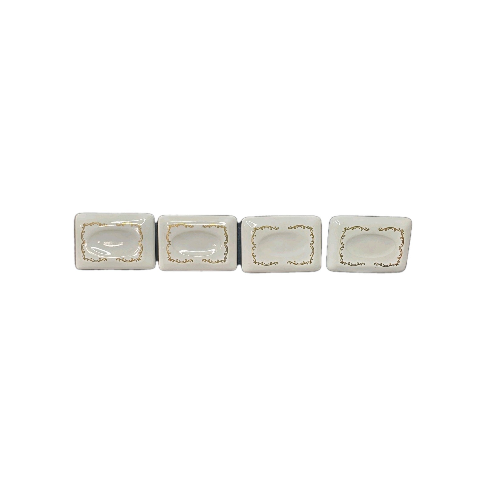 4 Vtg Rectangular White Ceramic Drawer Pulls Ornate Gold Trim 2 Screws Excellent