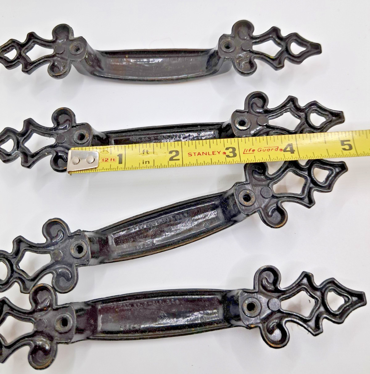 4 Vtg Spanish Gothic Brass Drawer Cabinet Pulls 3″ Hole 6.5″ L Pat D-219328