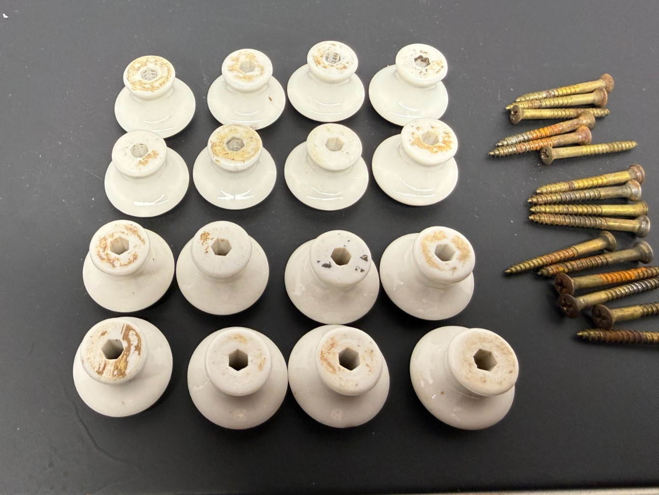 Group of 16 Vintage White Porcelain Pull Drawer Knobs w/ Screws 1-1/4″ Wide
