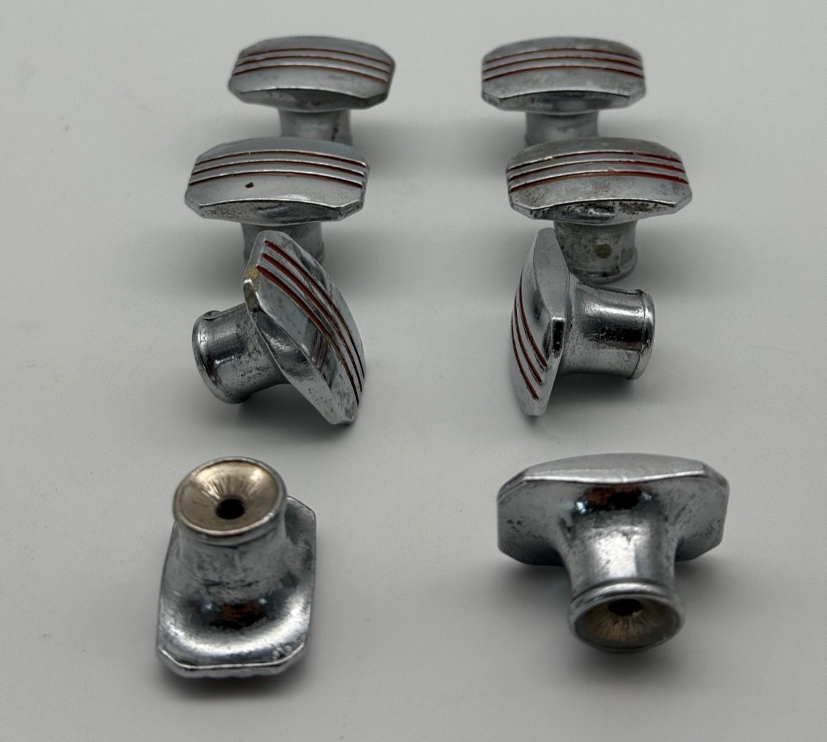 Set Lot 8 Vintage Amerock Chrome Cabinet Drawer Pull Knobs 1.25″ Red Stripe MCM