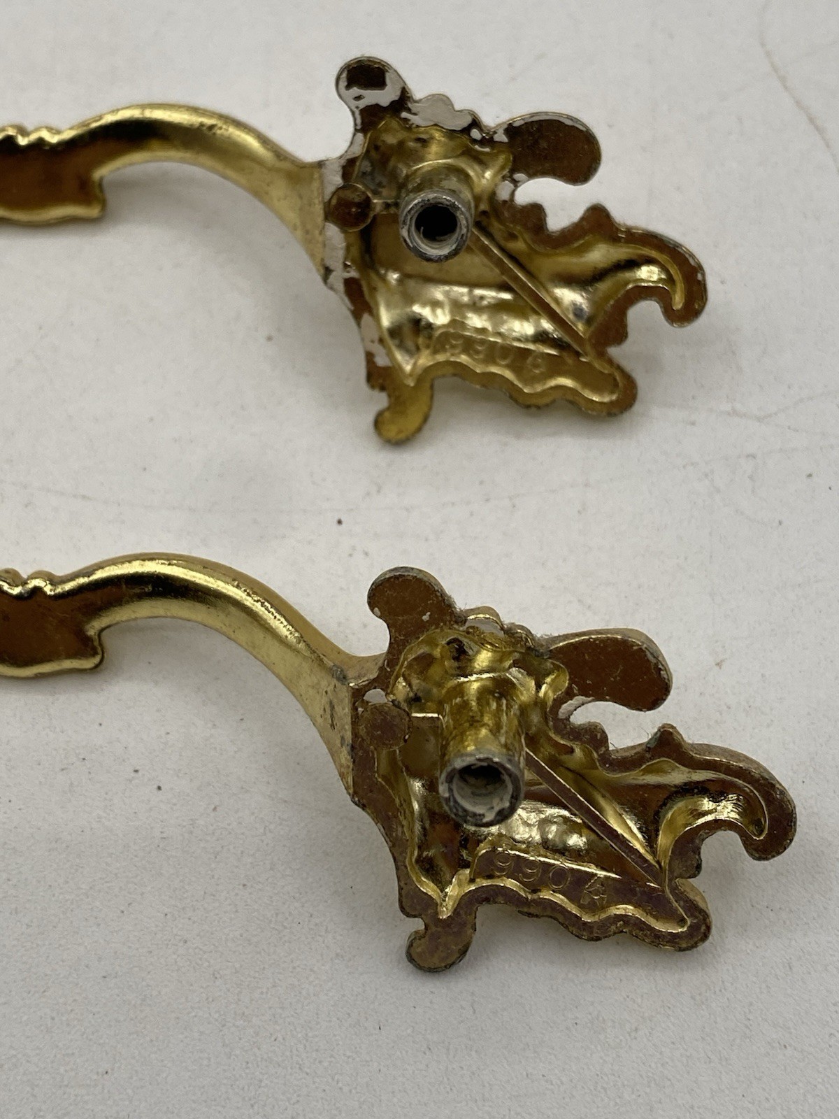 PAIR Vintage MCM Ajax Drawer Pulls Handles Scroll White Gold Ornate Hardware 990