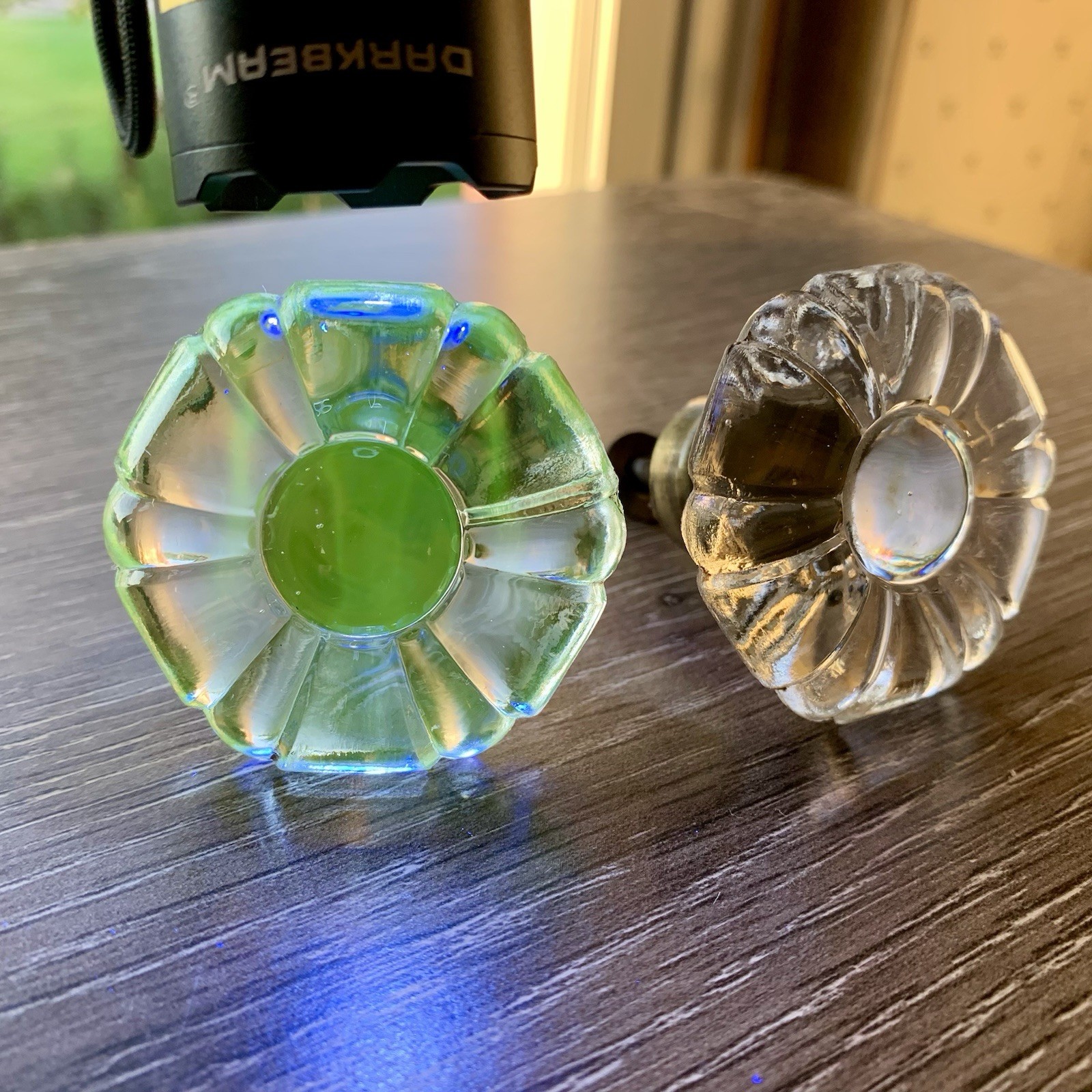 Antique Manganese Drawer Knobs Pair, UV Reactive Glass Knobs/Drawer Pulls