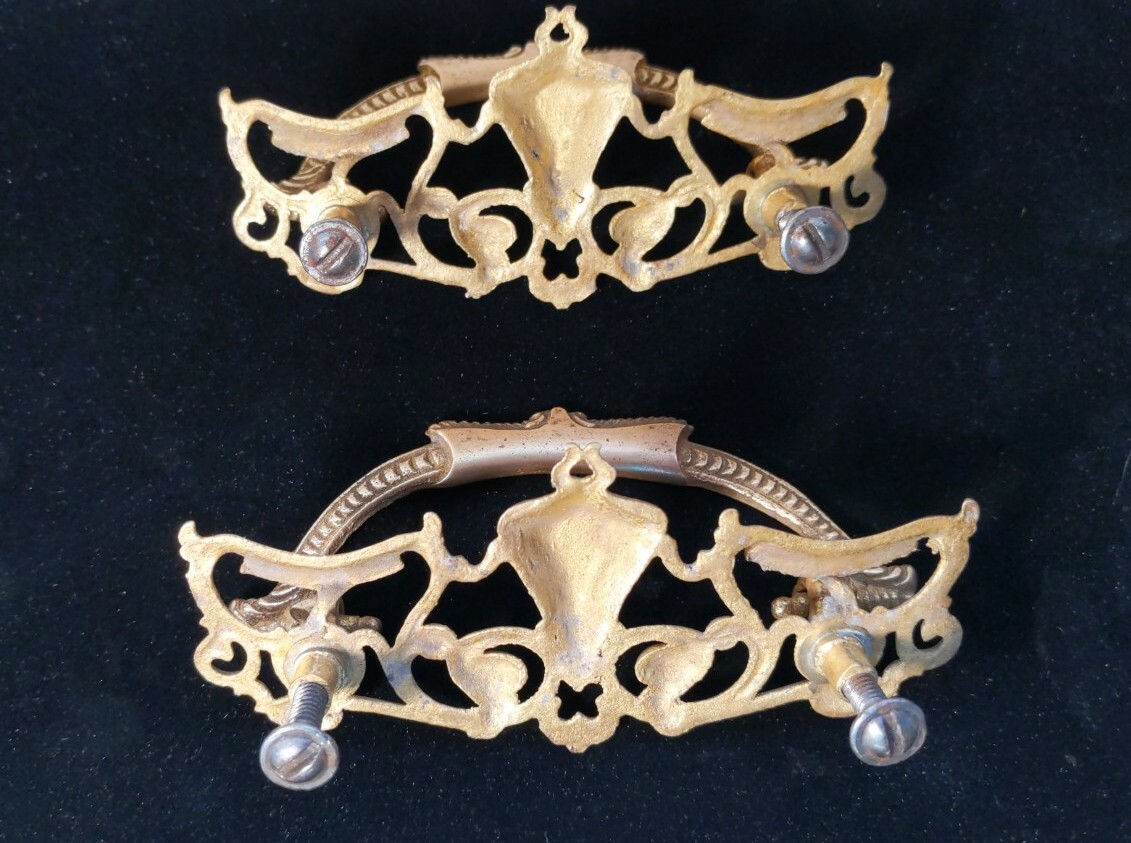 2 Antique Cast Brass Drawer Pulls Bails Traditional Ornate Design 3″ Centers
