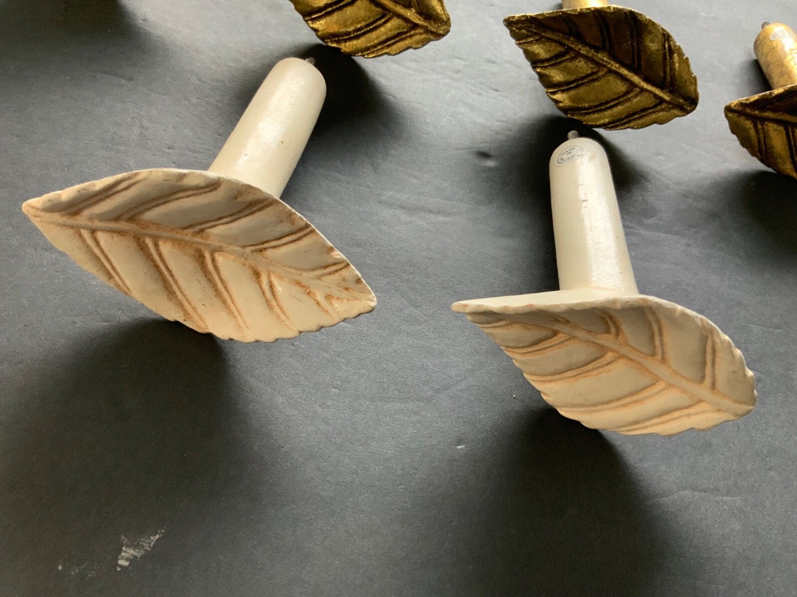 Set of Antique Painted Bin Dresser Drawer Pulls lot of 6 (4 gold 2 white)