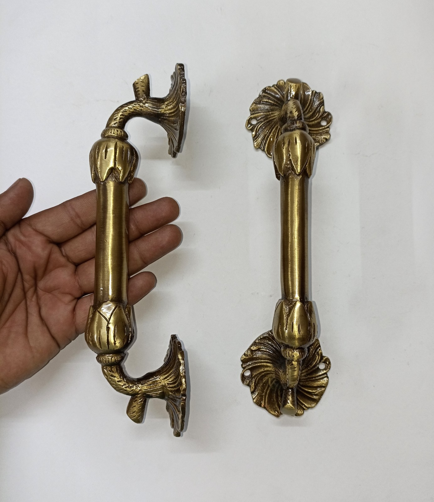 Lacquered Brass Flower Base Door Pull Floral with Twigs Design Handle Pair GTX